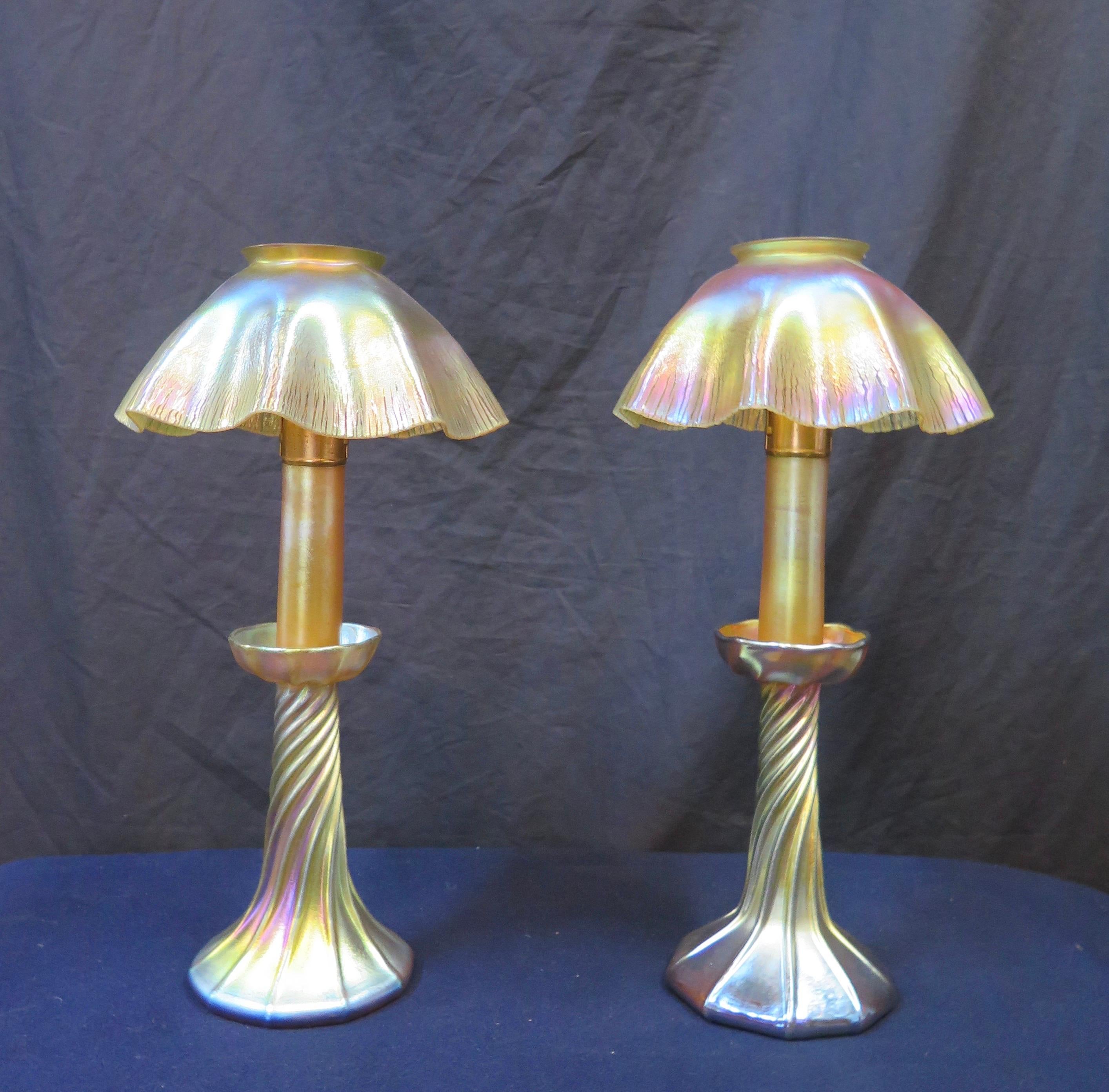 Art Nouveau Pair of Tiffany Studios Candlestick Lamps