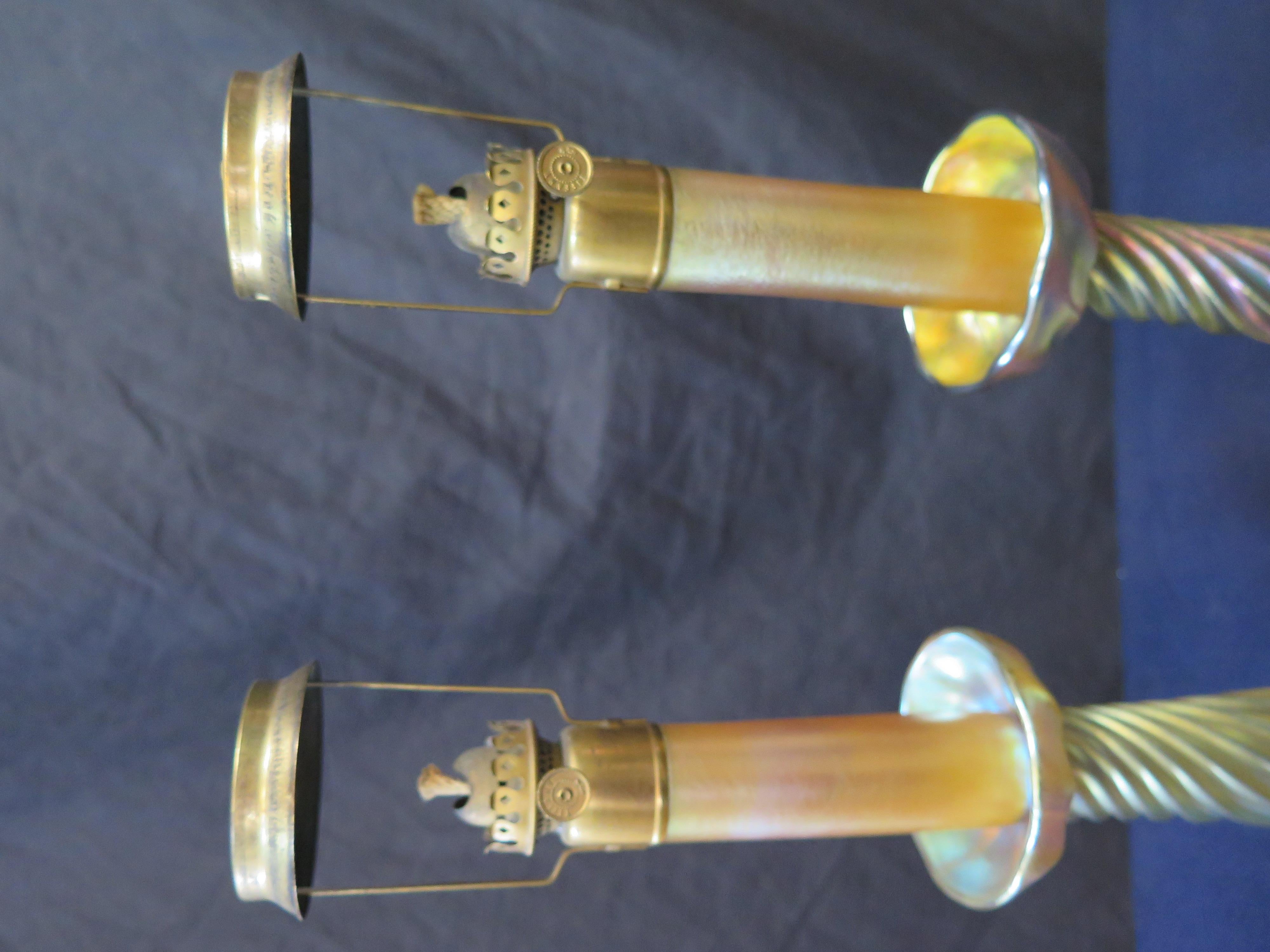 Art Glass Pair of Tiffany Studios Candlestick Lamps