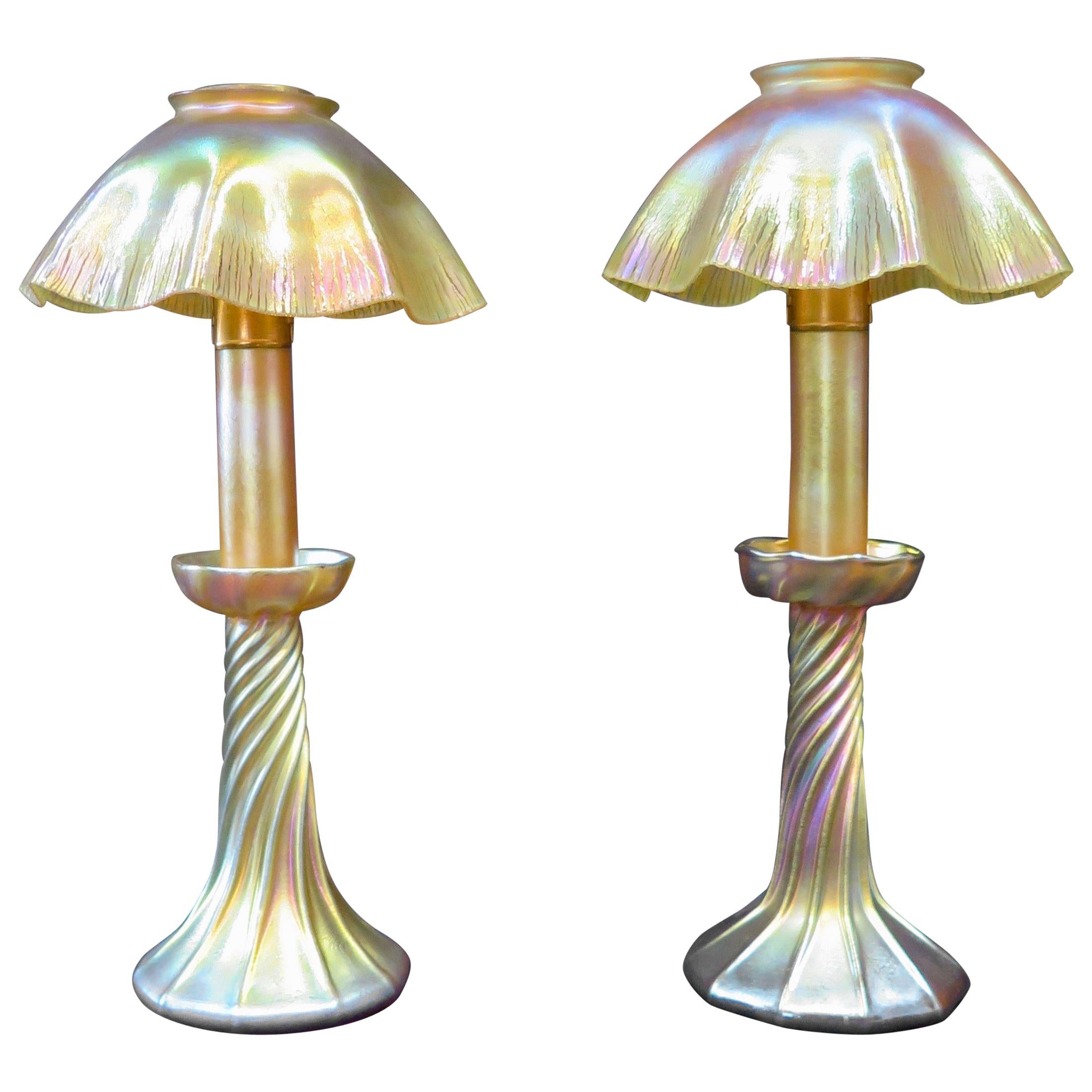 Pair of Tiffany Studios Candlestick Lamps