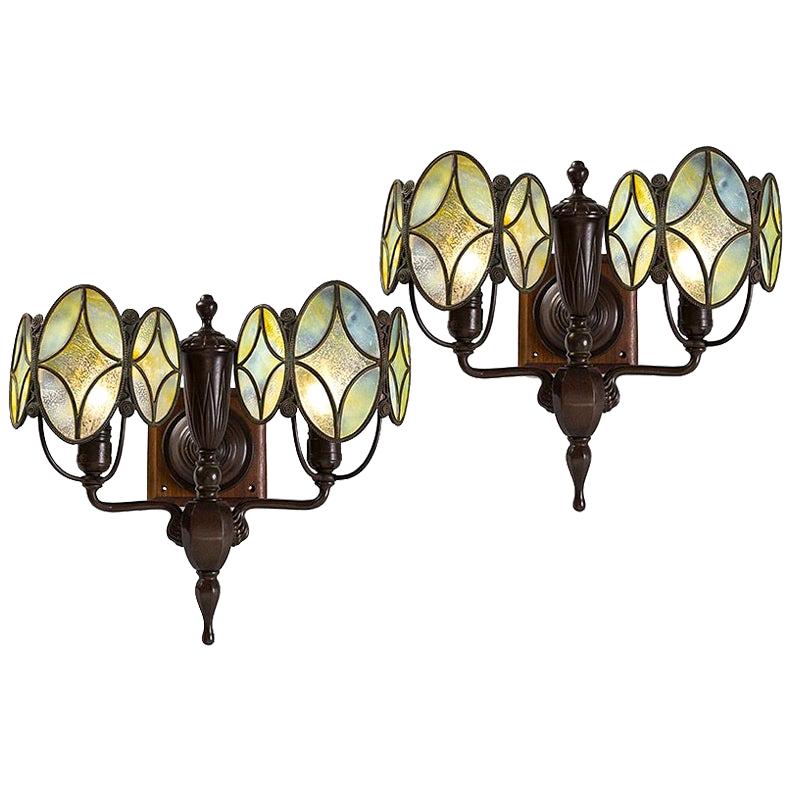 Pair of Tiffany Studios Double Shield "Diamond" Two-Armed Sconces