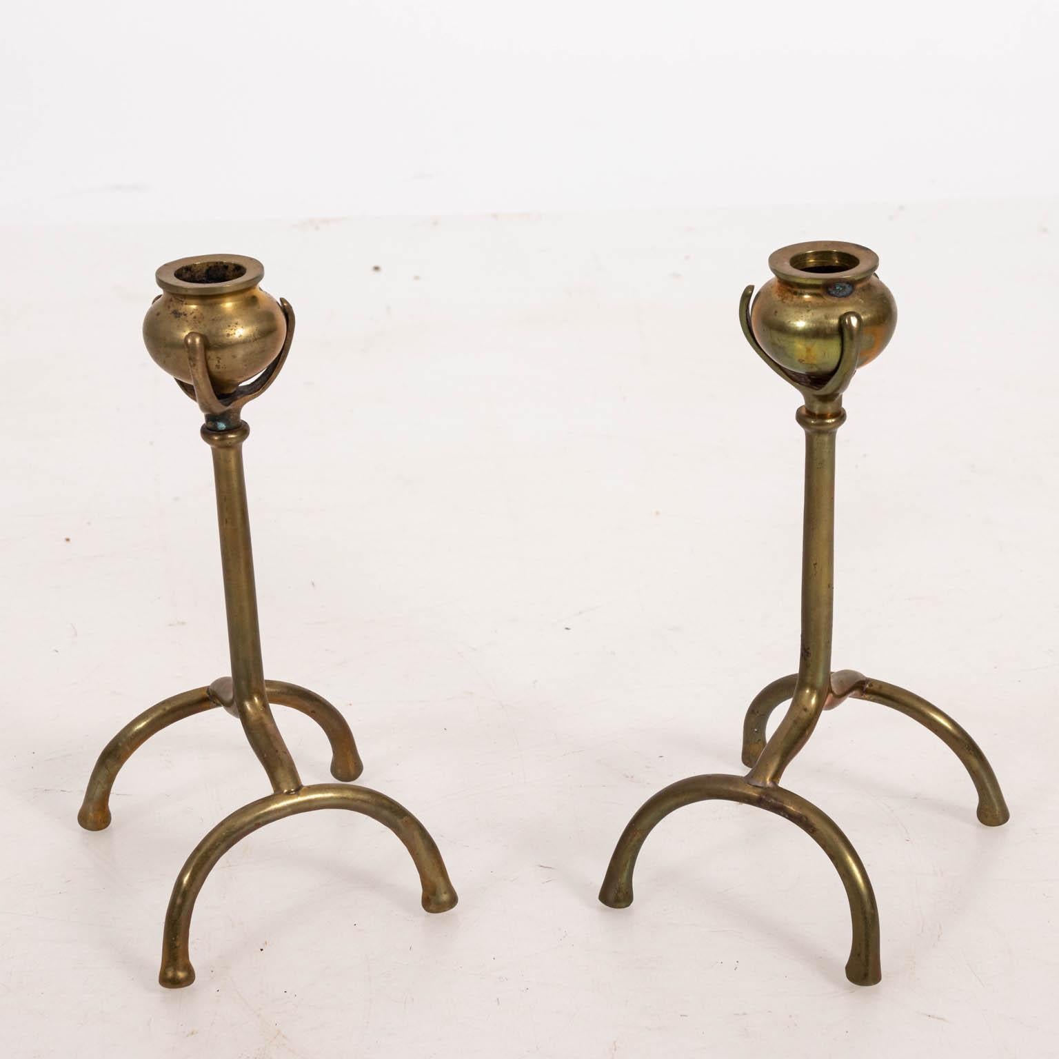 Aesthetic Movement Pair of Tiffany Style Brass Urn Shaped Candlesticks