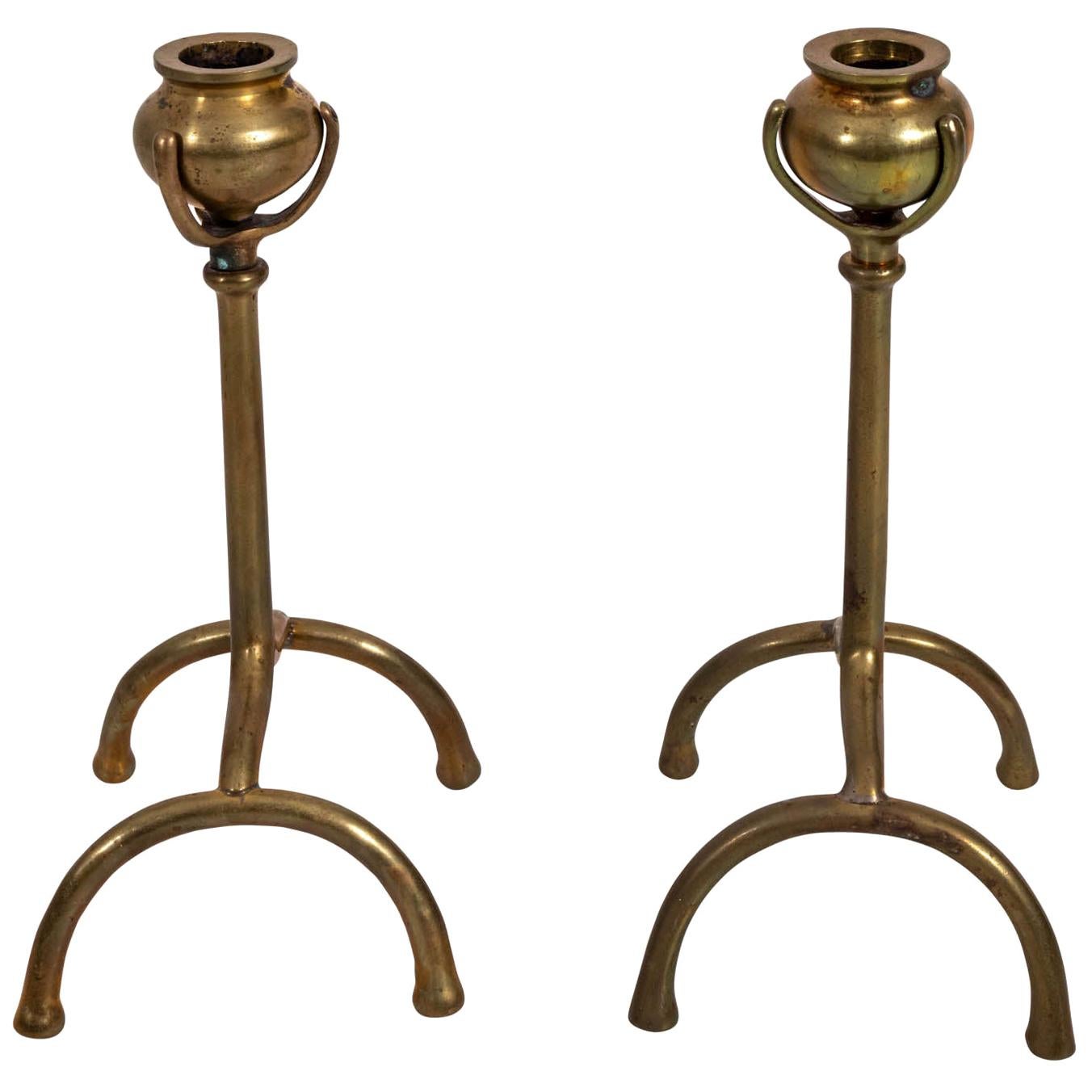 Pair of Tiffany Style Brass Urn Shaped Candlesticks
