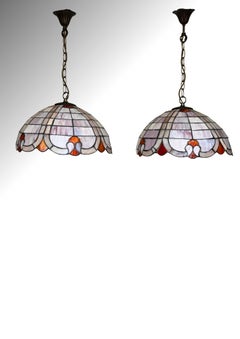 Pair of Tiffany Style Stained Glass Pendant Lights with Opalescent Glass Shades
