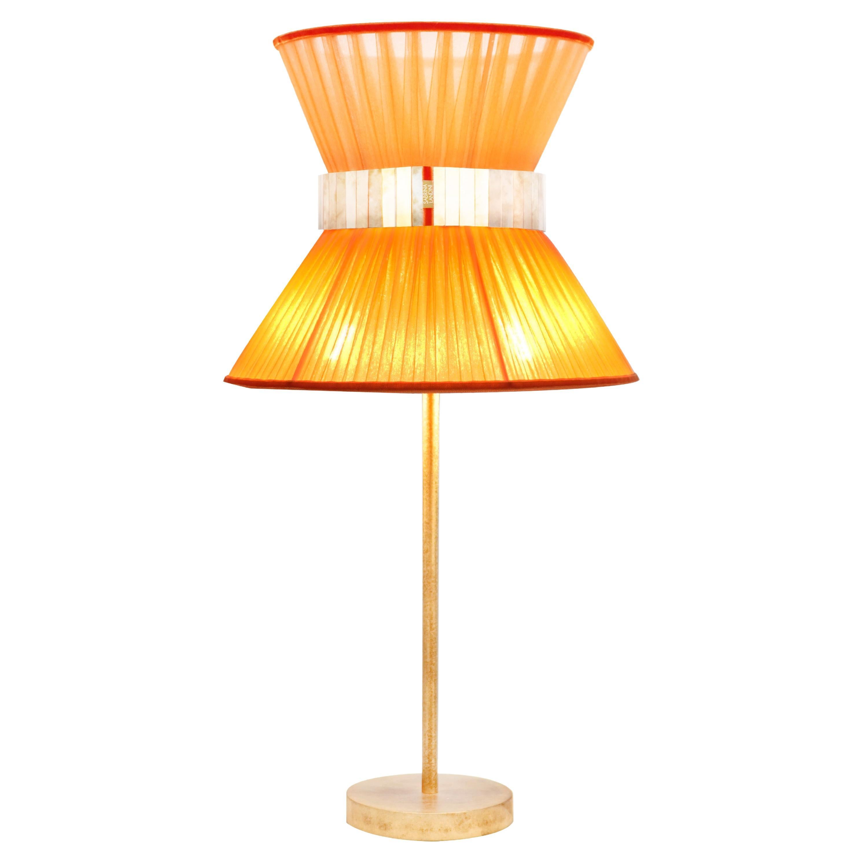 Set of  2 “Tiffany” Table Lamp 30 Orange Silk, Antiqued Brass, Silvered Glass For Sale