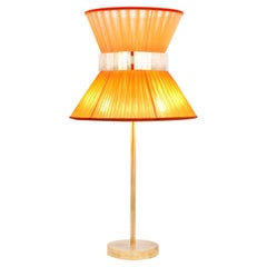 Set of  2 “Tiffany” Table Lamp 30 Orange Silk, Antiqued Brass, Silvered Glass
