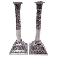 Pair of Tiffany Tall Classical Column Sterling Silver Candlesticks