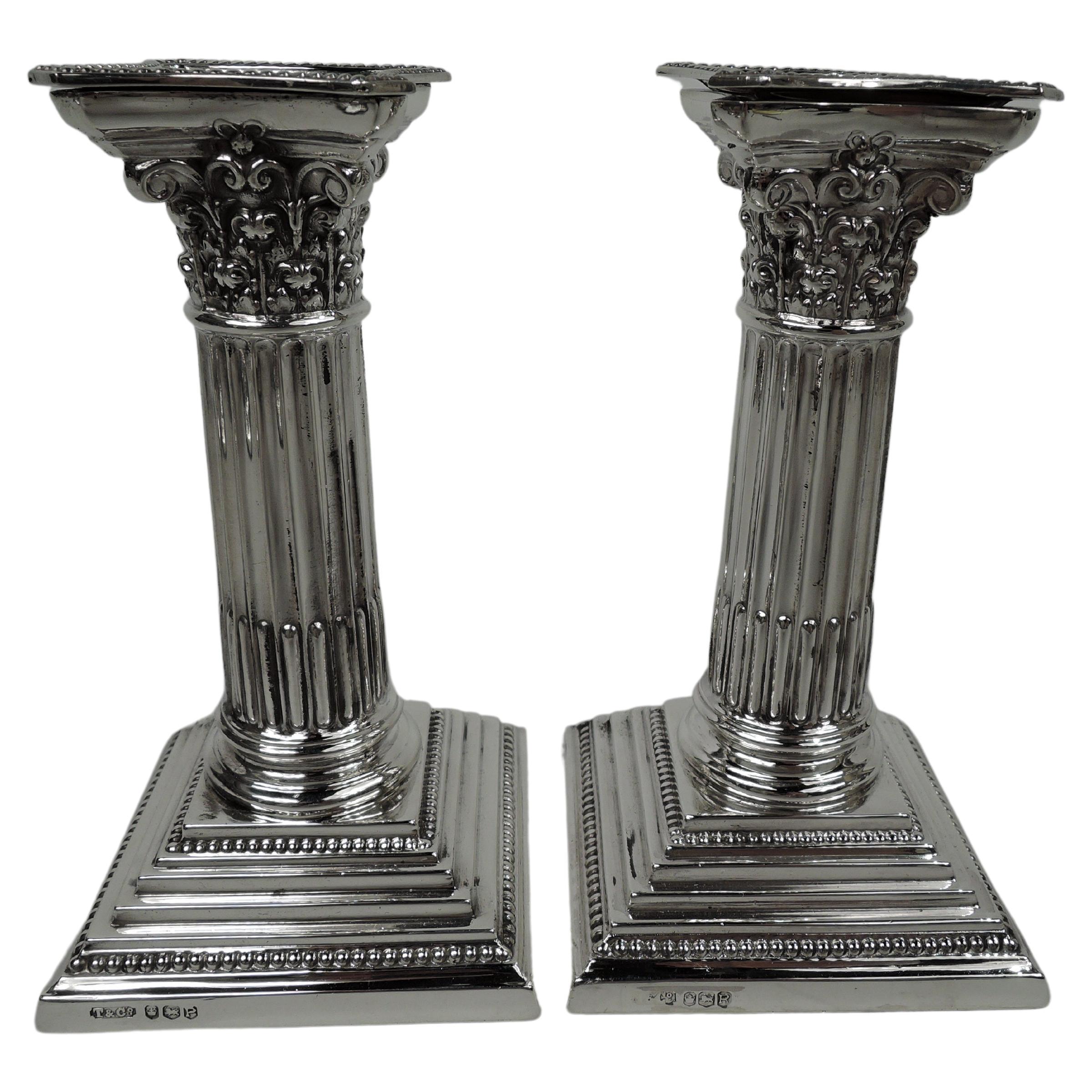 Pair of Tiffany Traditional English Neoclassical Column Candlesticks