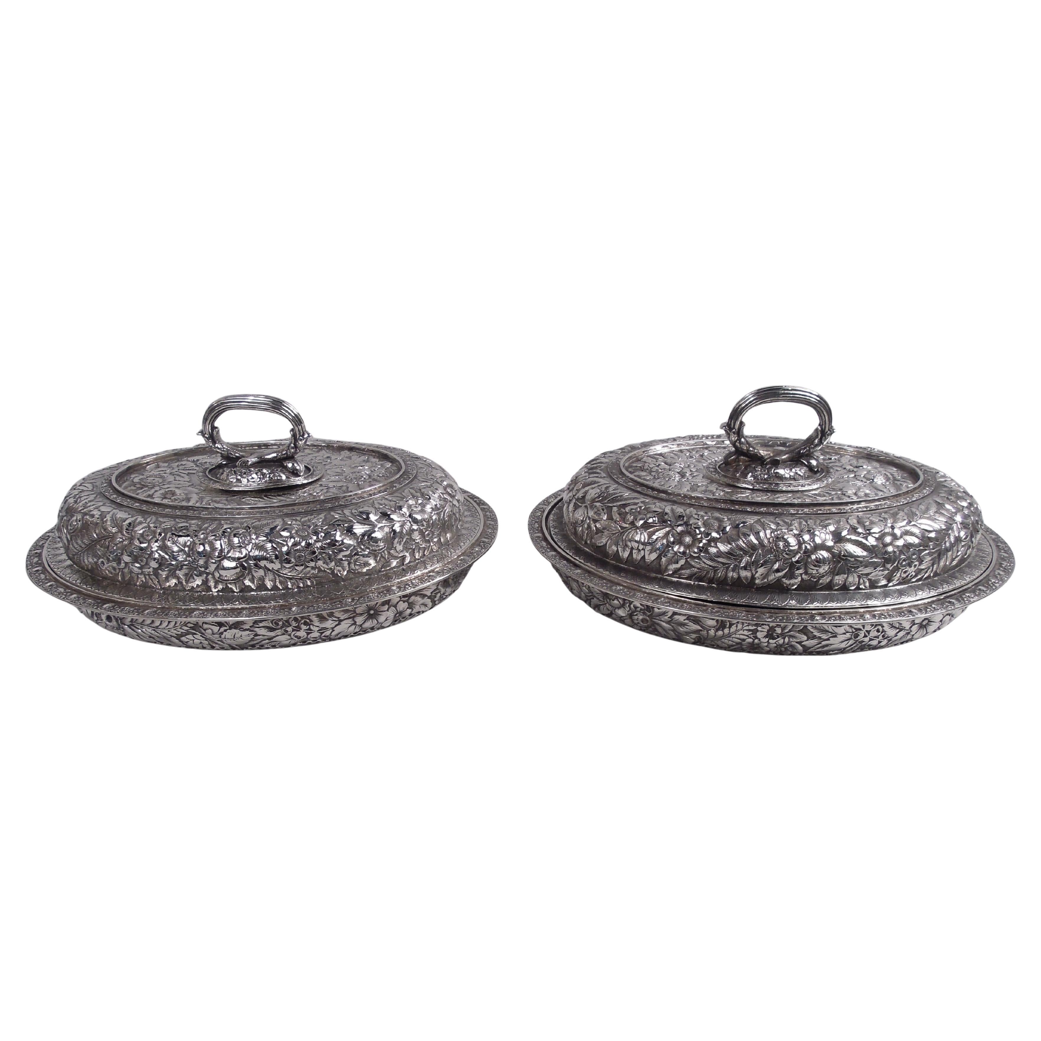 Pair of Tiffany Victorian Classical Repousse Covered Vegetable Dishes