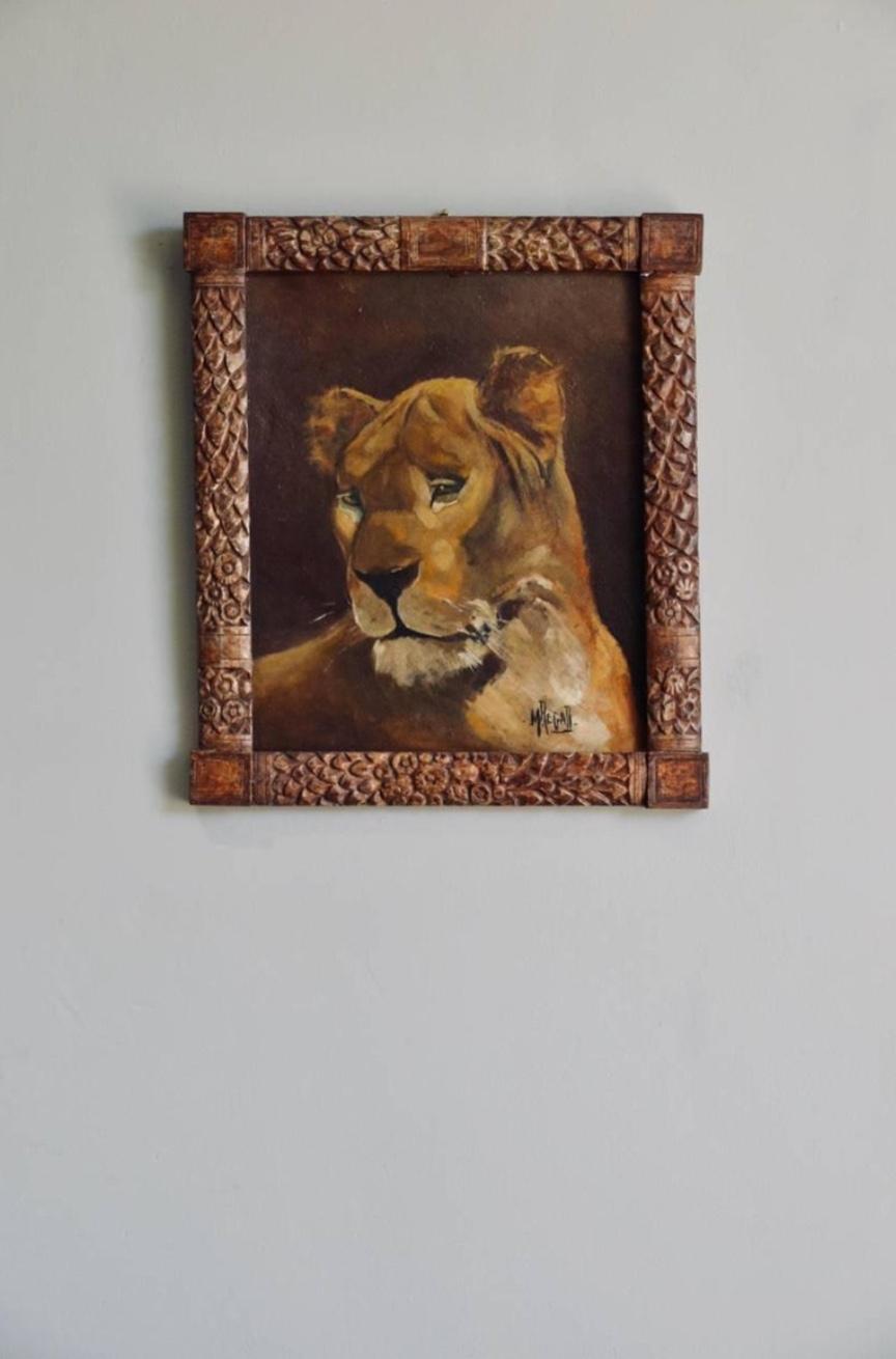 Pair of tiger and lion Art Deco framed paintings. Oil on panel. Beautiful carved wood frames.