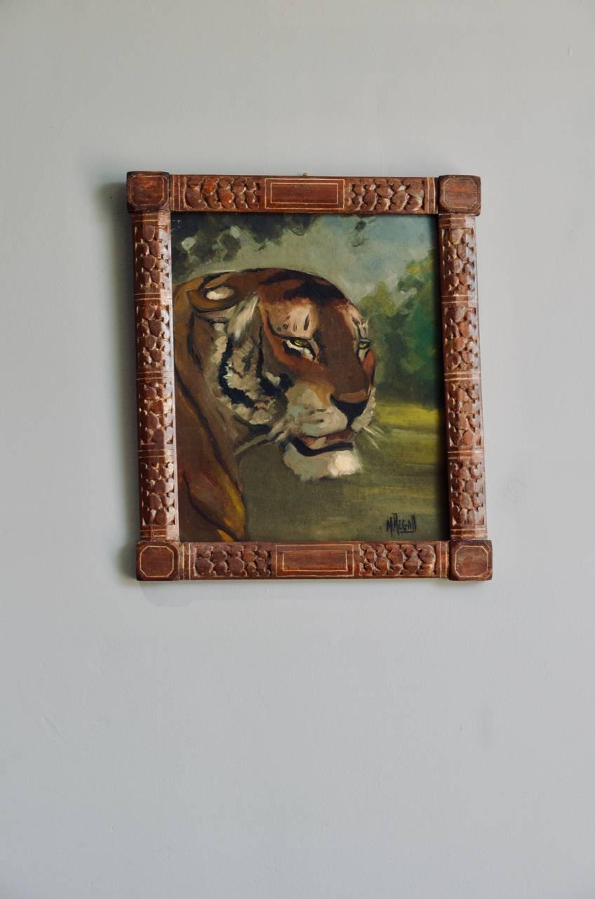 French Pair of Tiger and Lion Art Deco Framed Paintings For Sale