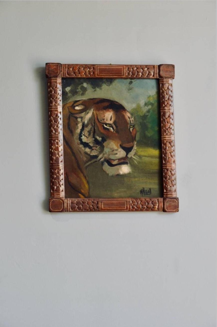 French Pair of Tiger and Lion Art Deco Framed Paintings For Sale