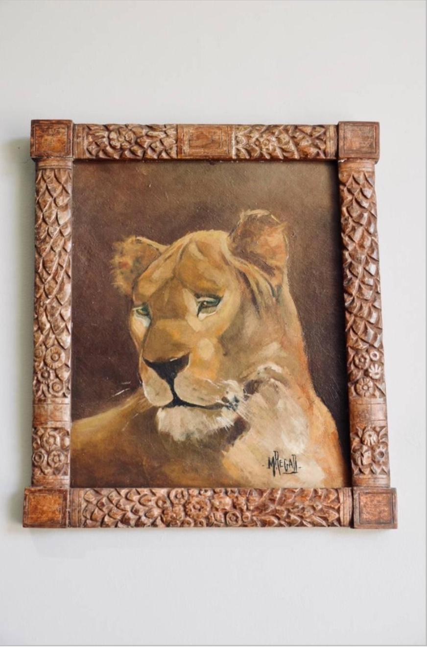 Carved Pair of Tiger and Lion Art Deco Framed Paintings For Sale