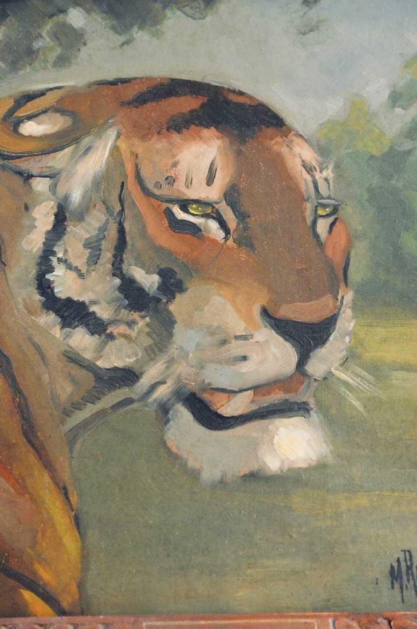 Milieu du XXe siècle Paire de peintures encadrées Art Déco tigre et lion en vente