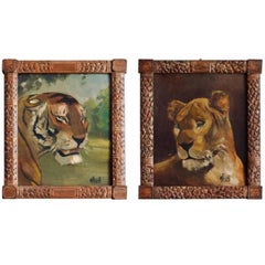 Vintage Pair of Tiger and Lion Art Deco Framed Paintings