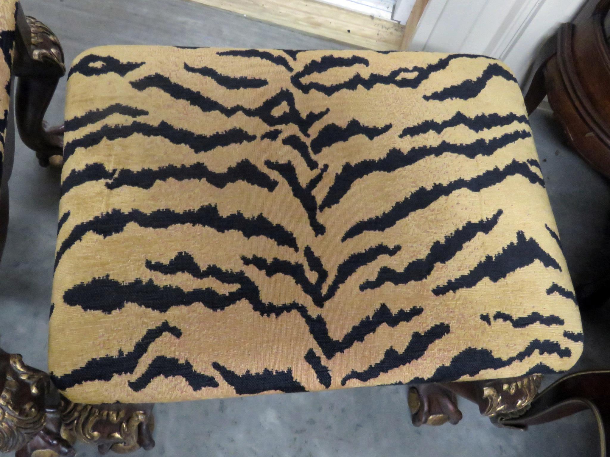 Upholstery Pair of Tiger Print Upholstered Carved Mahogany Georgian Style Benches