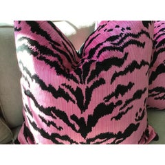 Pair of “Tigre”Hot Pink and Black Silk Velvet Tiger Stripe Down Filled Pillows