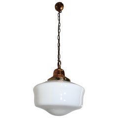 Pair of Timeless Art Deco and Bauhaus Style Brass and Copper Opaline Pendants