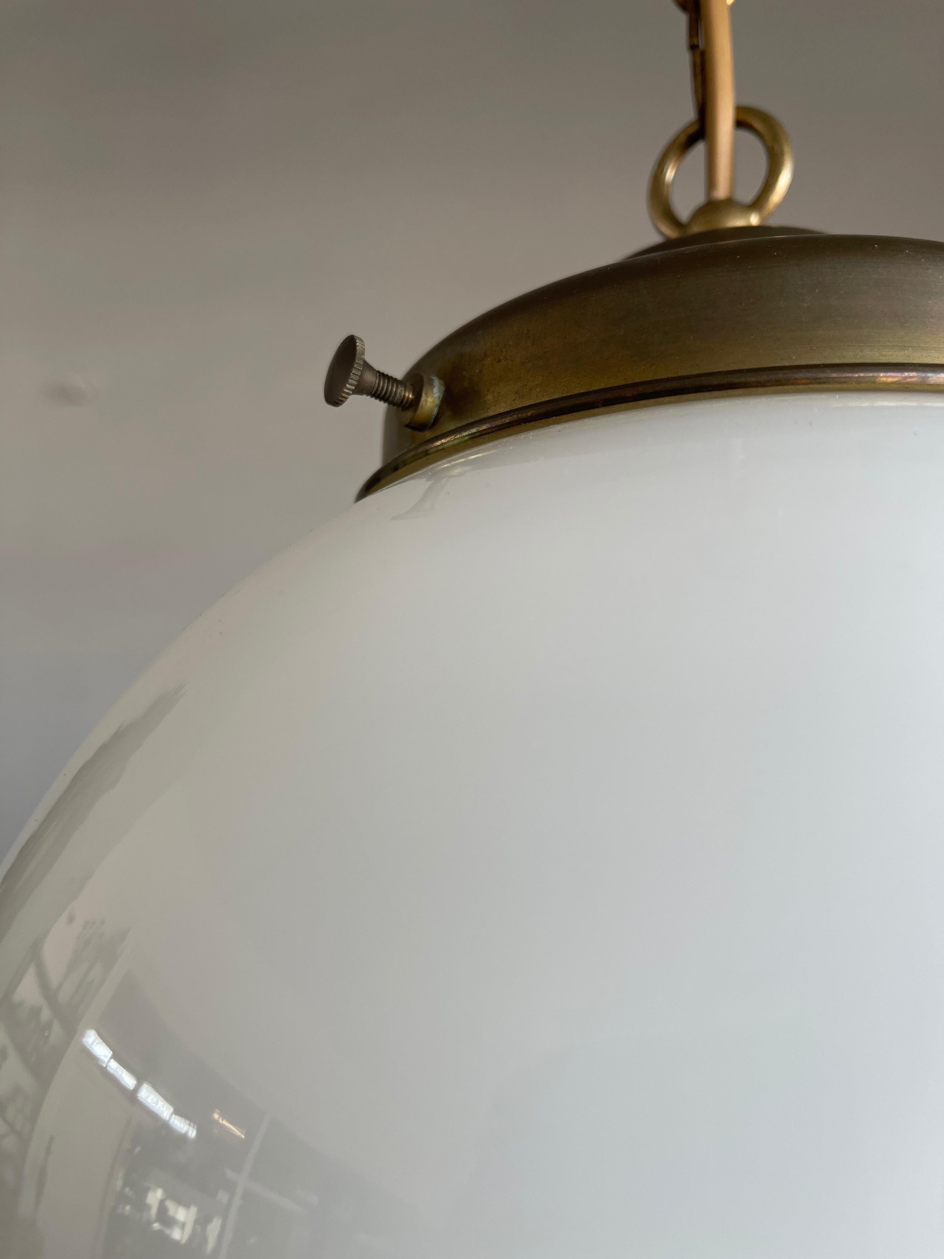 Pair of Timeless Art Deco and Bauhaus Style Brass and Opaline Pendant Lights 2