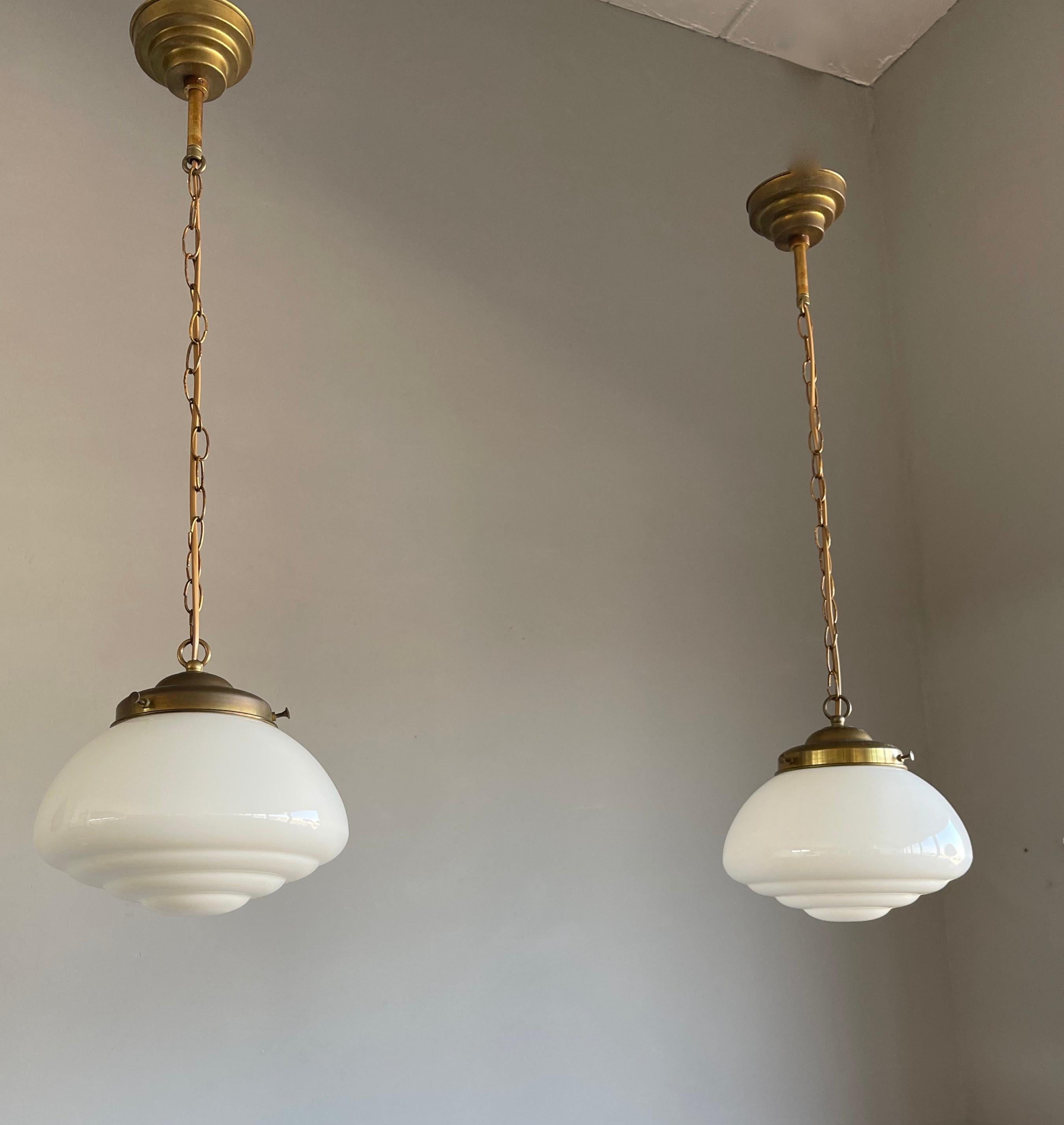 Pair of Timeless Art Deco and Bauhaus Style Brass and Opaline Pendant Lights 3