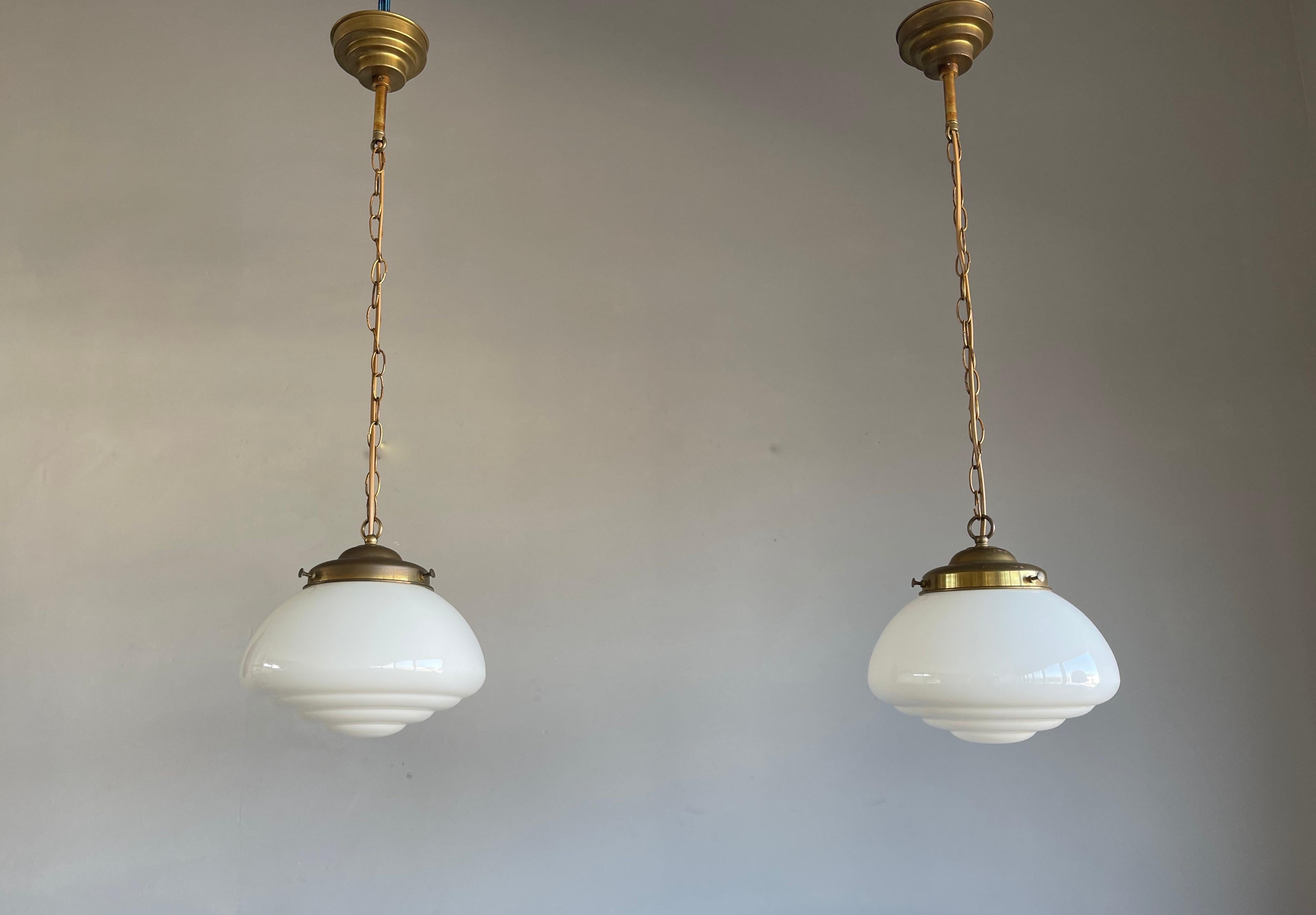 Pair of Timeless Art Deco and Bauhaus Style Brass and Opaline Pendant Lights 4