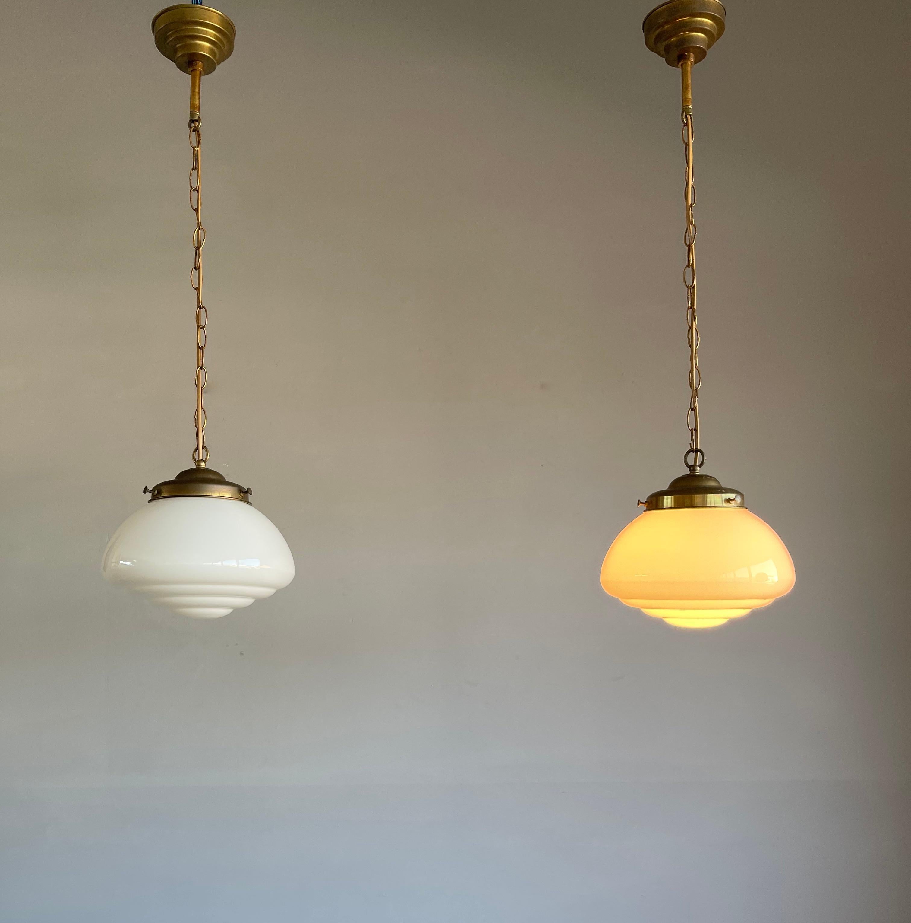 Pair of Timeless Art Deco and Bauhaus Style Brass and Opaline Pendant Lights 5