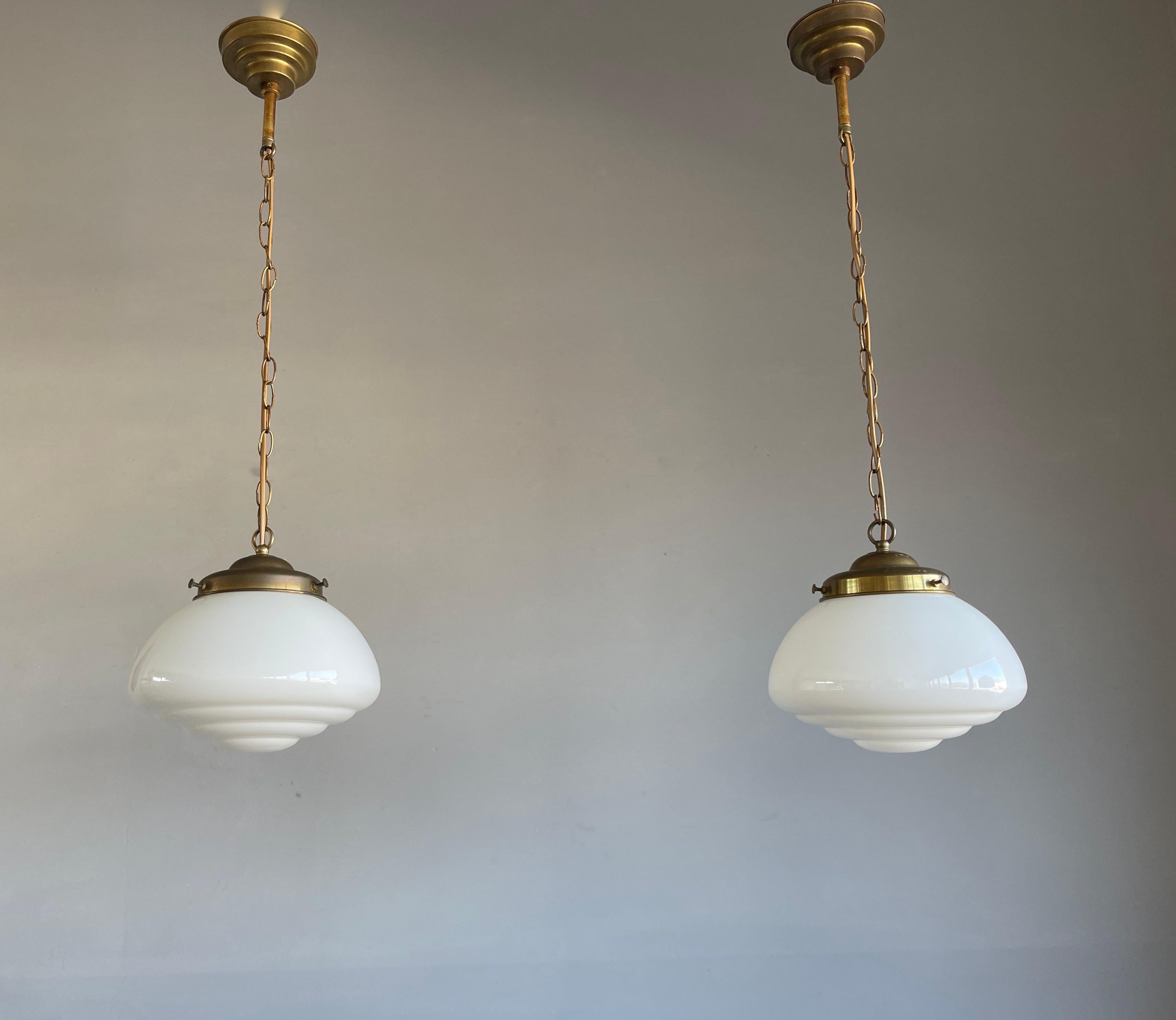 Pair of Timeless Art Deco and Bauhaus Style Brass and Opaline Pendant Lights 6