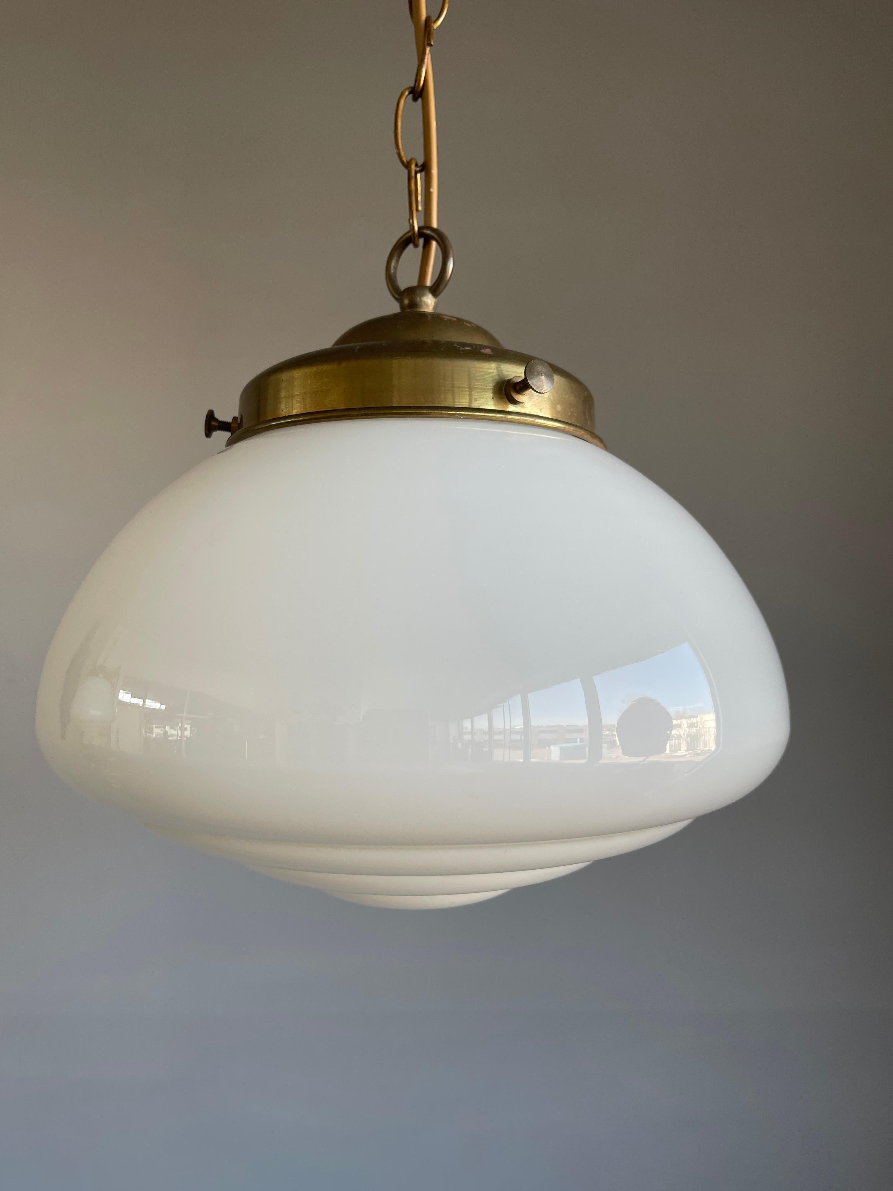 Pair of Timeless Art Deco and Bauhaus Style Brass and Opaline Pendant Lights 8