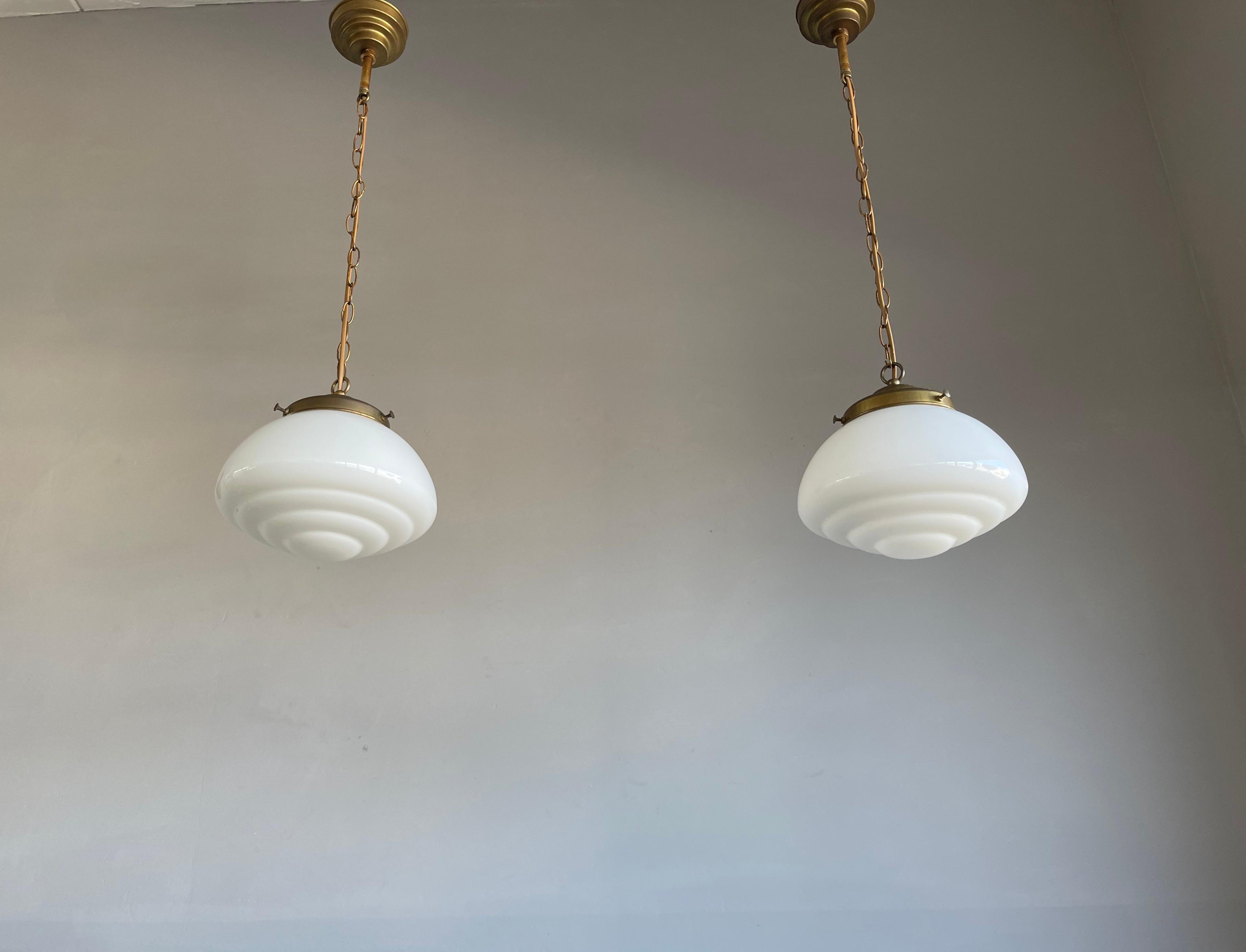 Pair of Timeless Art Deco and Bauhaus Style Brass and Opaline Pendant Lights 9