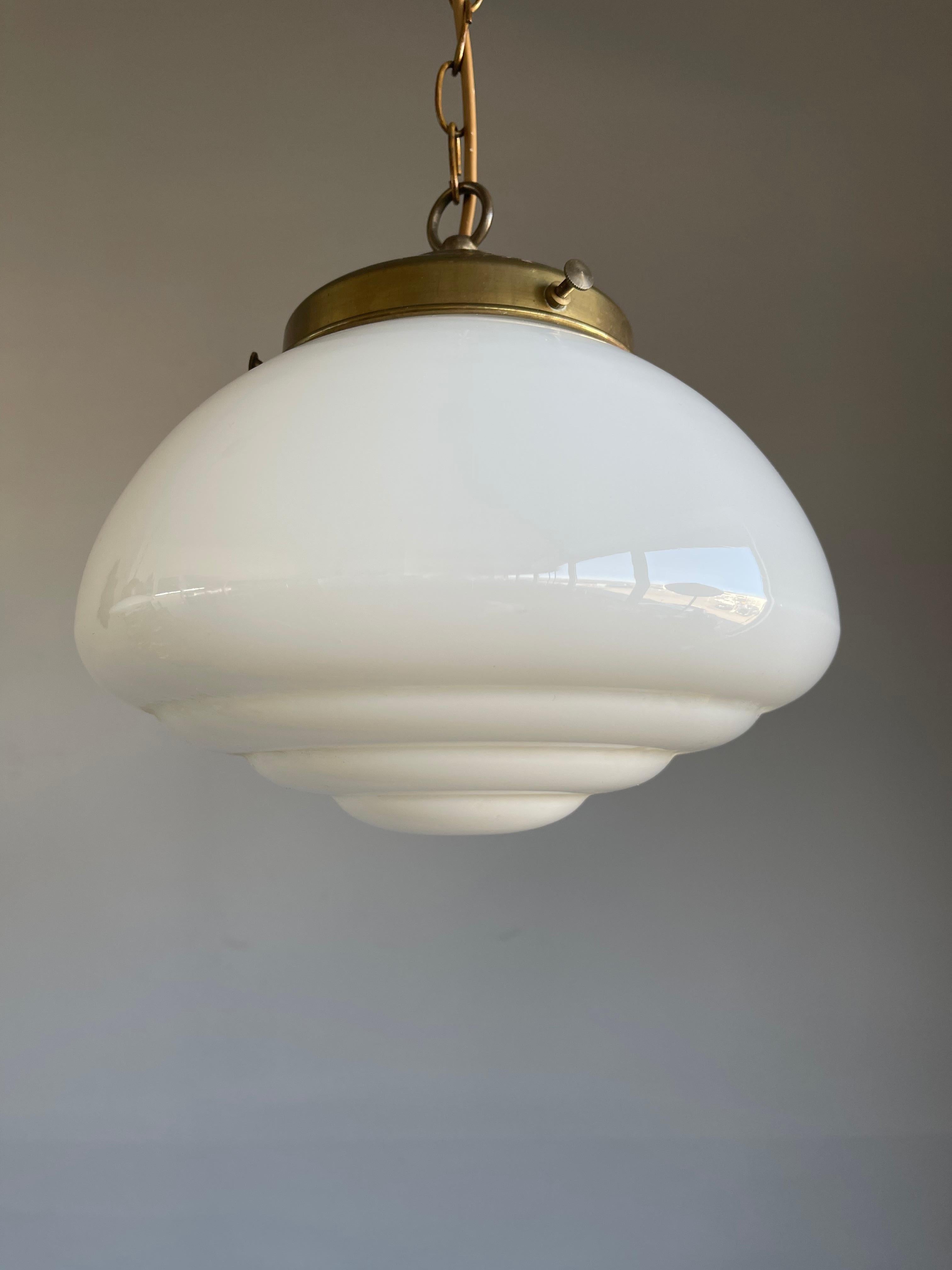 Pair of Timeless Art Deco and Bauhaus Style Brass and Opaline Pendant Lights 11