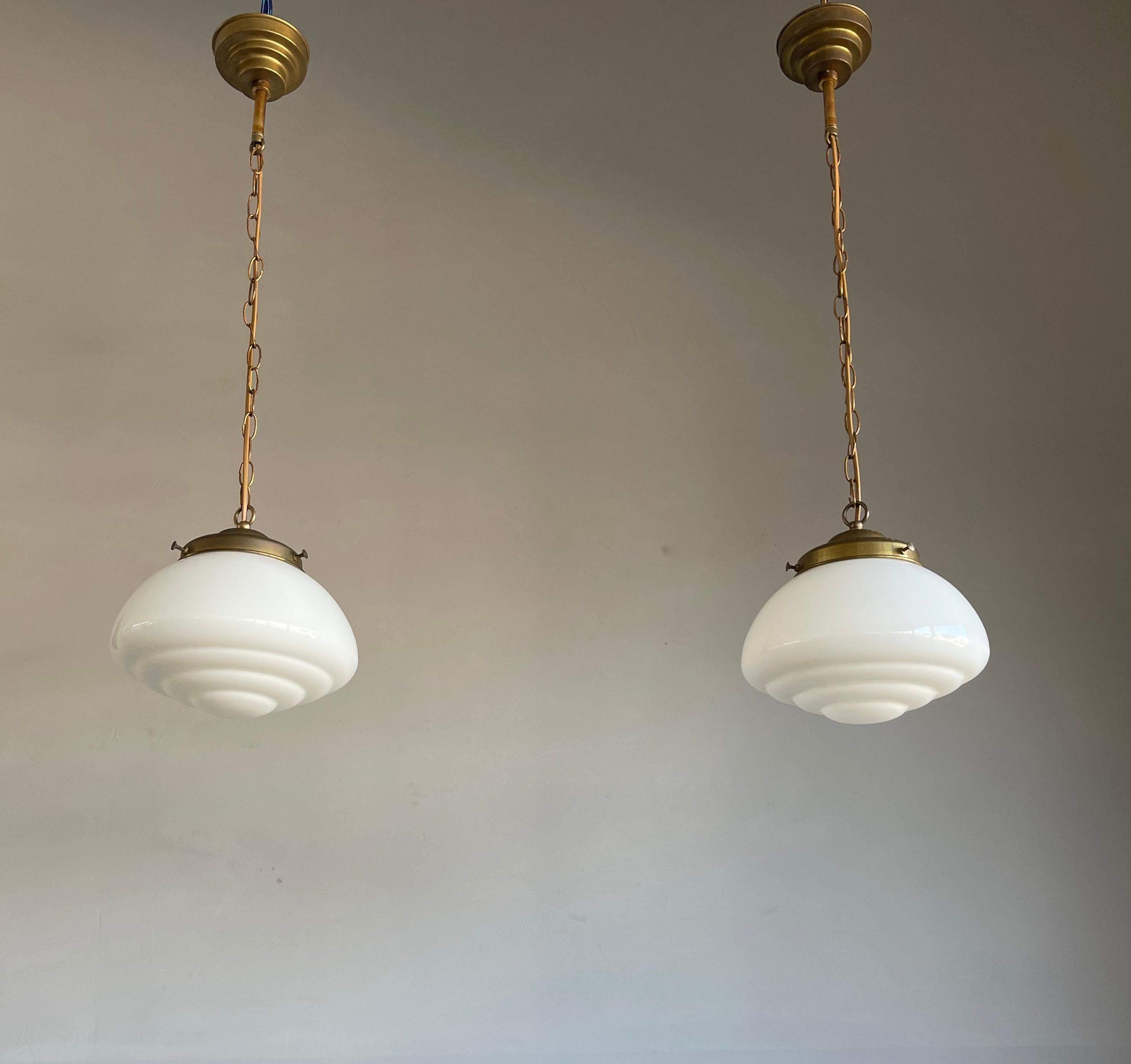 Pair of Timeless Art Deco and Bauhaus Style Brass and Opaline Pendant Lights 12