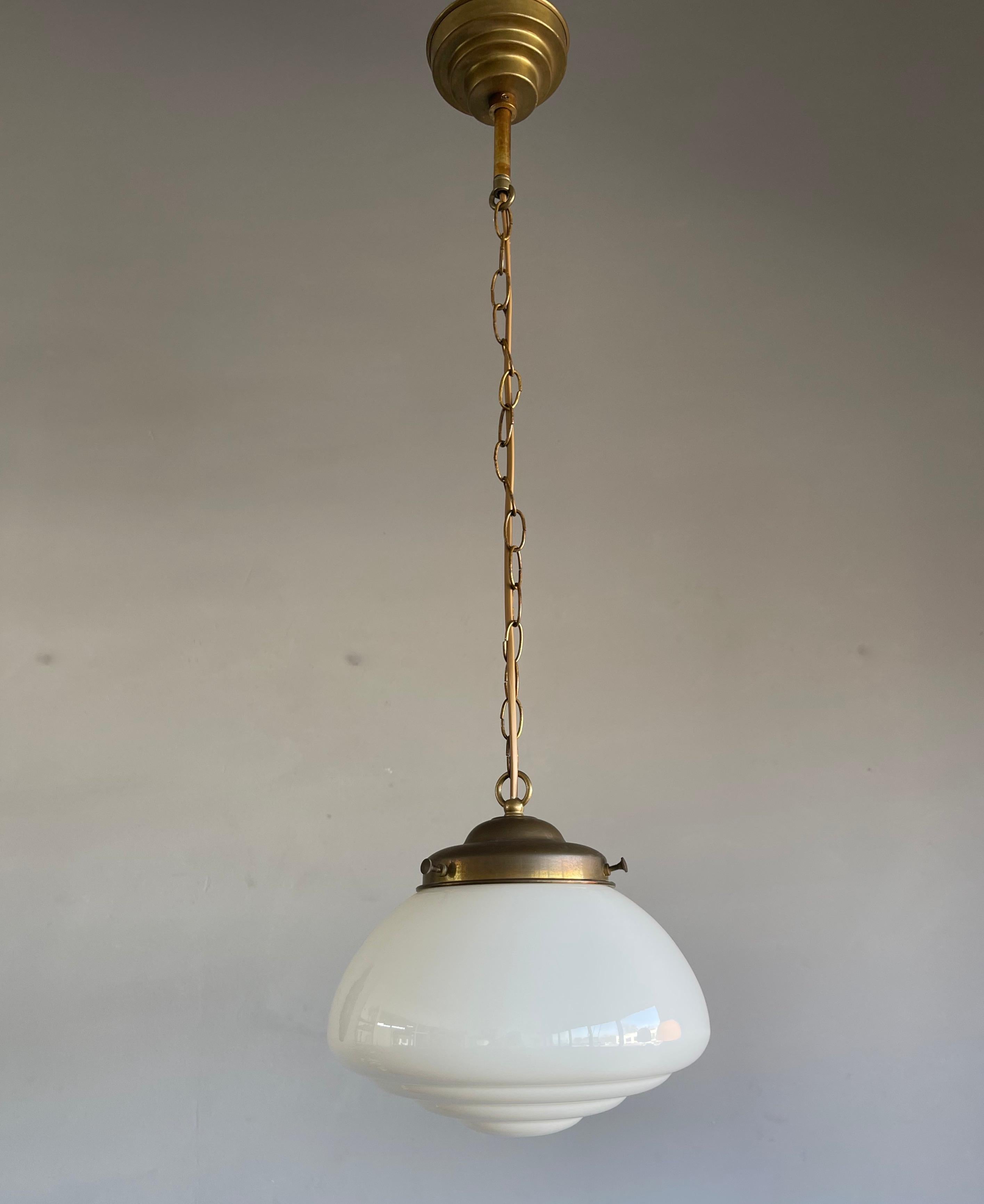 Hand-Crafted Pair of Timeless Art Deco and Bauhaus Style Brass and Opaline Pendant Lights