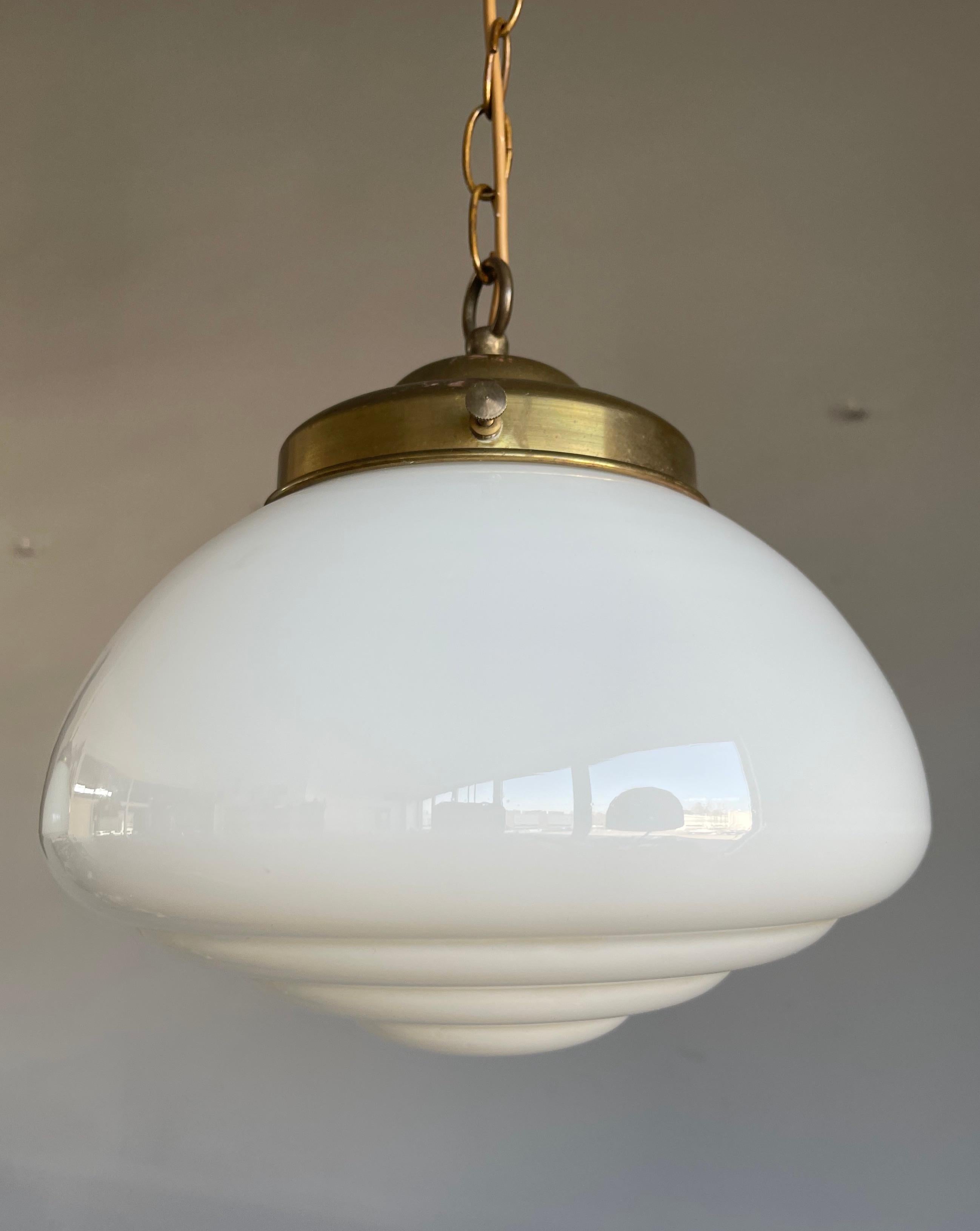 20th Century Pair of Timeless Art Deco and Bauhaus Style Brass and Opaline Pendant Lights