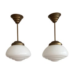 Pair of Timeless Art Deco and Bauhaus Style Brass and Opaline Pendant Lights