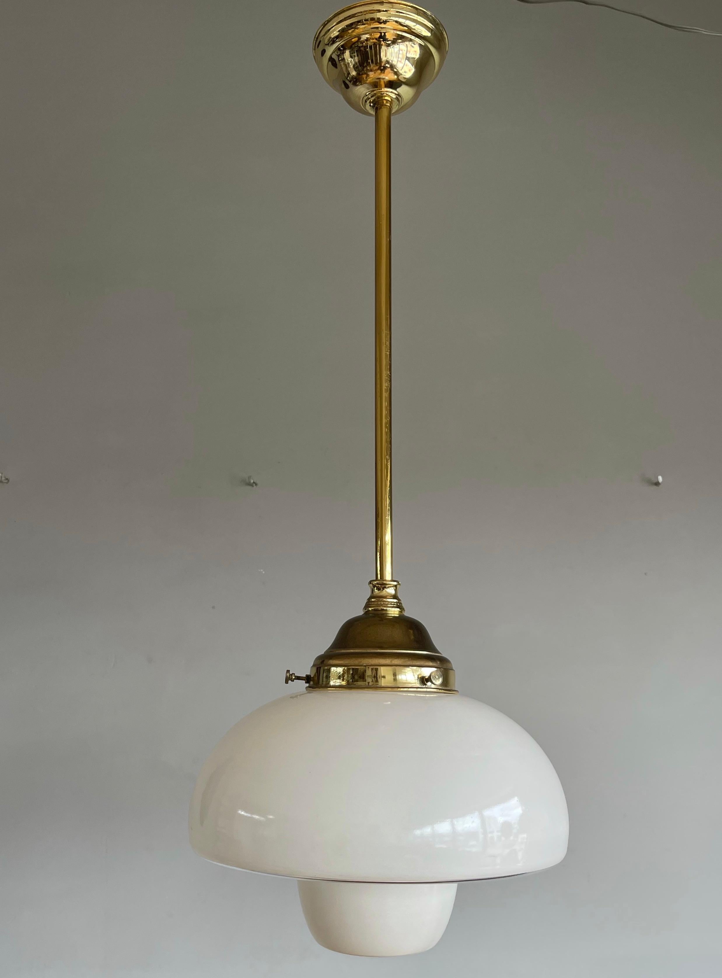 Pair of Timeless Art Deco, Bauhaus Style Brass & Beautiful Glass Pendant Lights 2