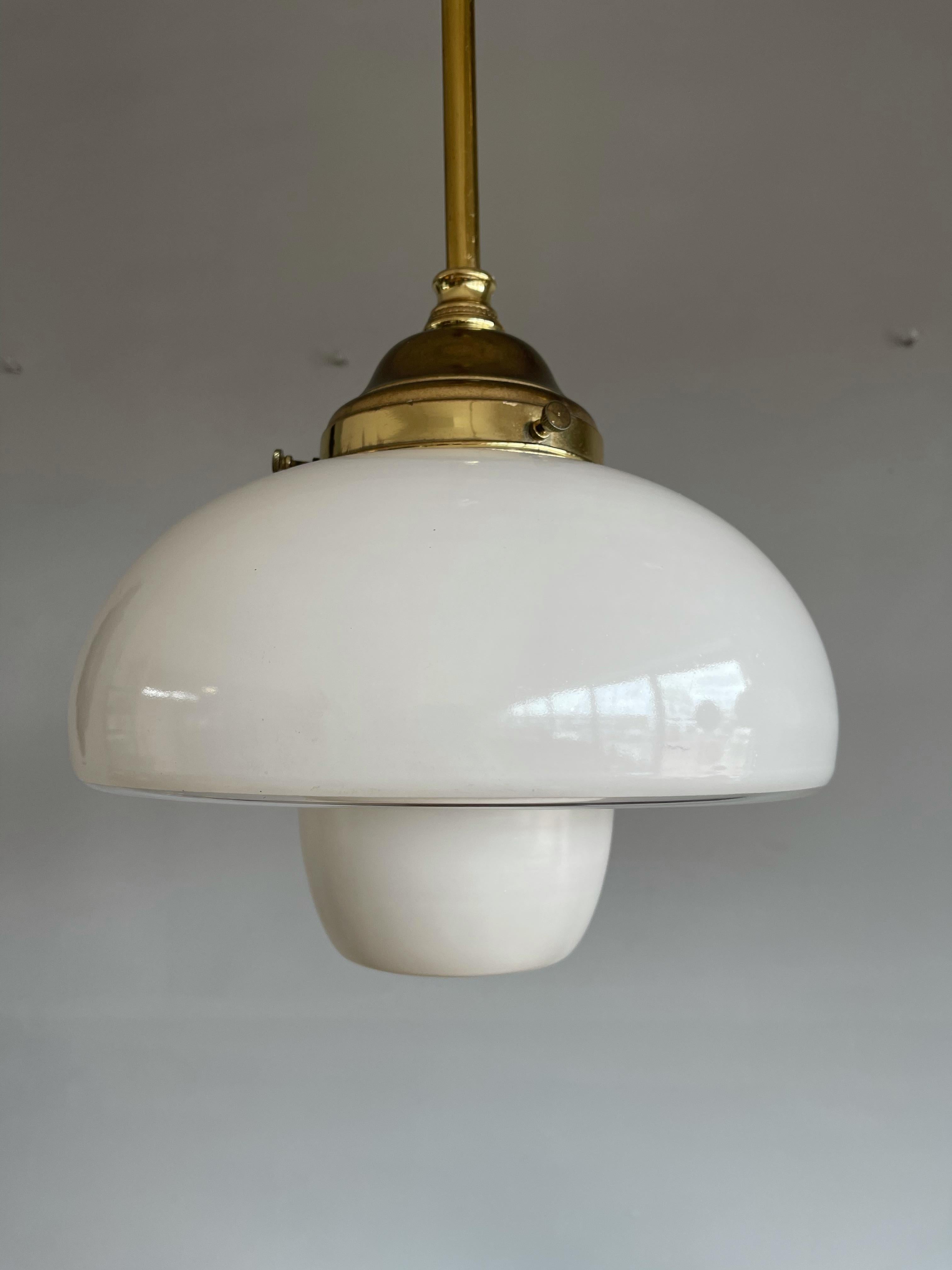 Pair of Timeless Art Deco, Bauhaus Style Brass & Beautiful Glass Pendant Lights 3