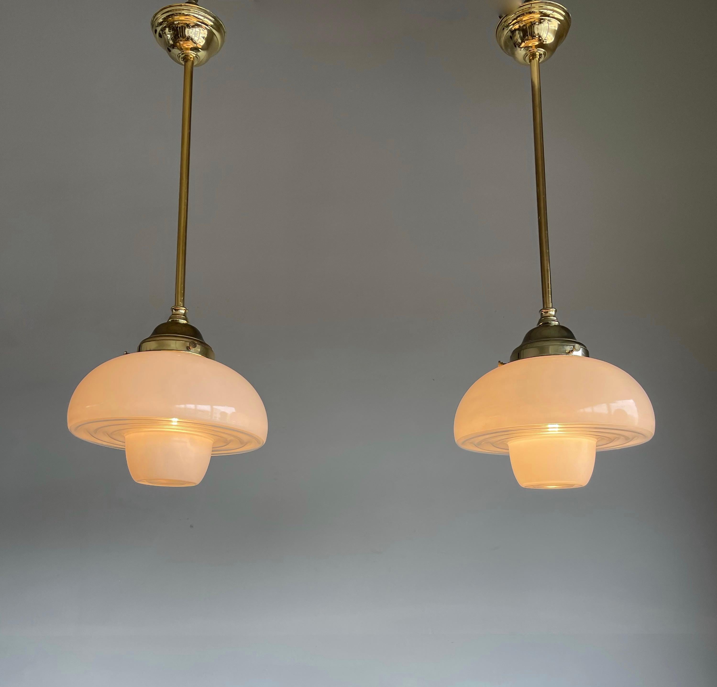 Pair of Timeless Art Deco, Bauhaus Style Brass & Beautiful Glass Pendant Lights 7