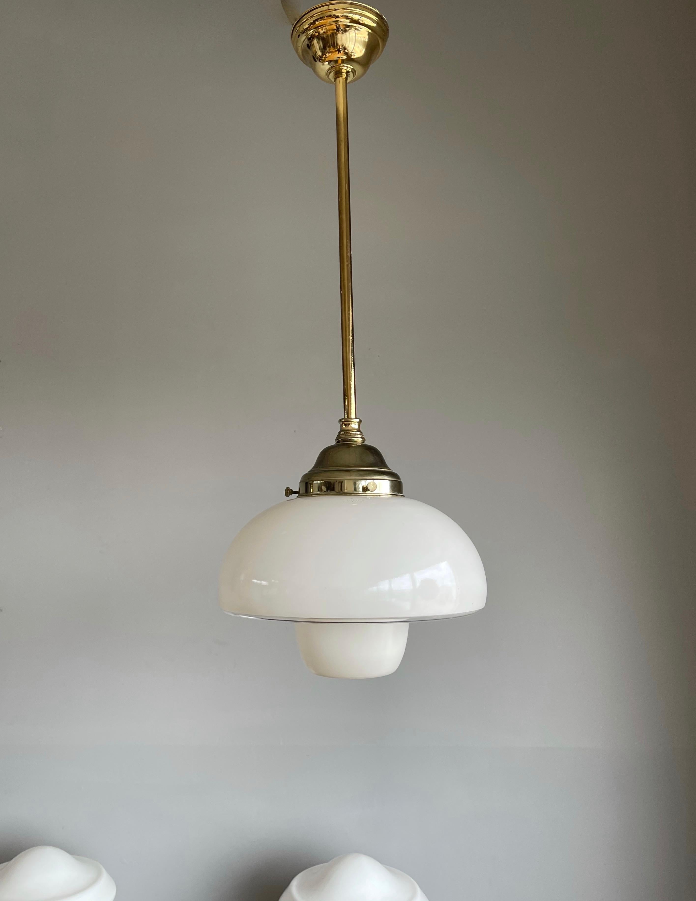 Pair of Timeless Art Deco, Bauhaus Style Brass & Beautiful Glass Pendant Lights 11