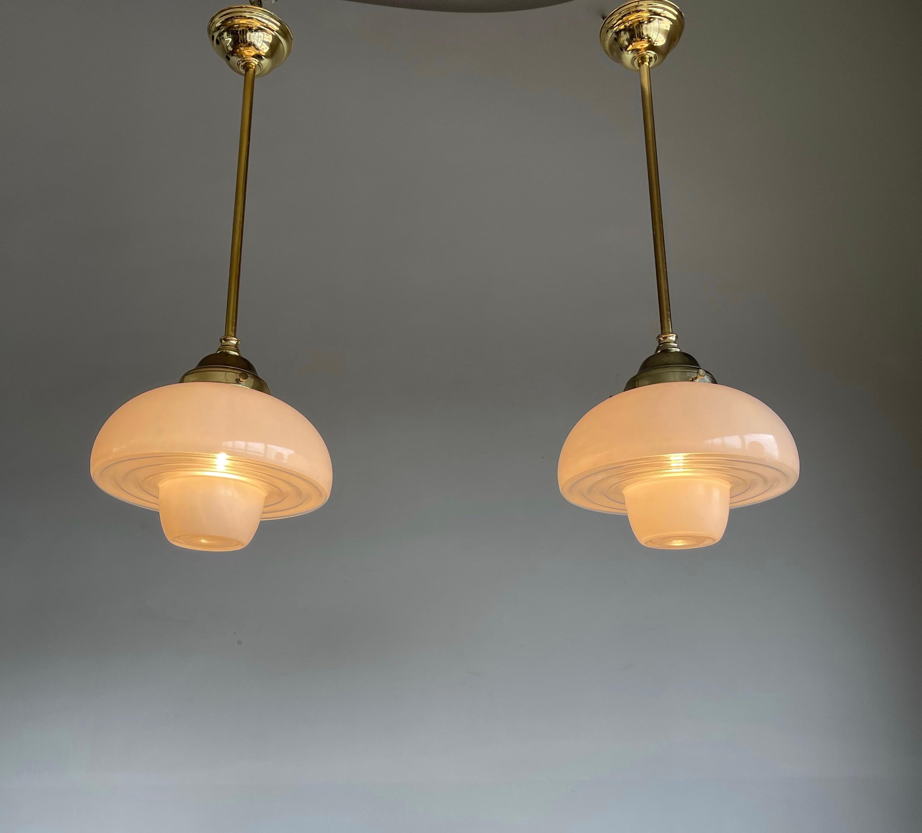 European Pair of Timeless Art Deco, Bauhaus Style Brass & Beautiful Glass Pendant Lights