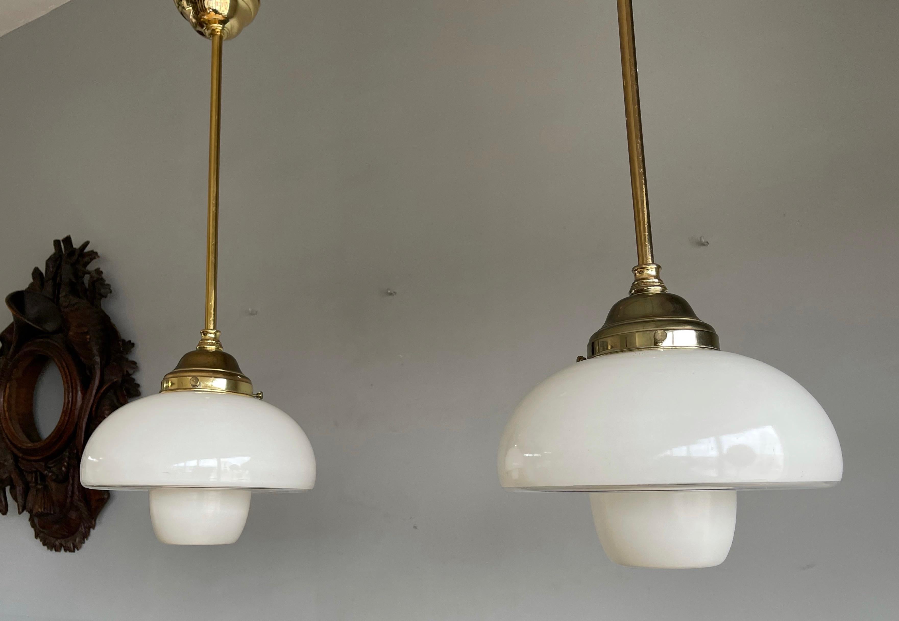 Opaline Glass Pair of Timeless Art Deco, Bauhaus Style Brass & Beautiful Glass Pendant Lights