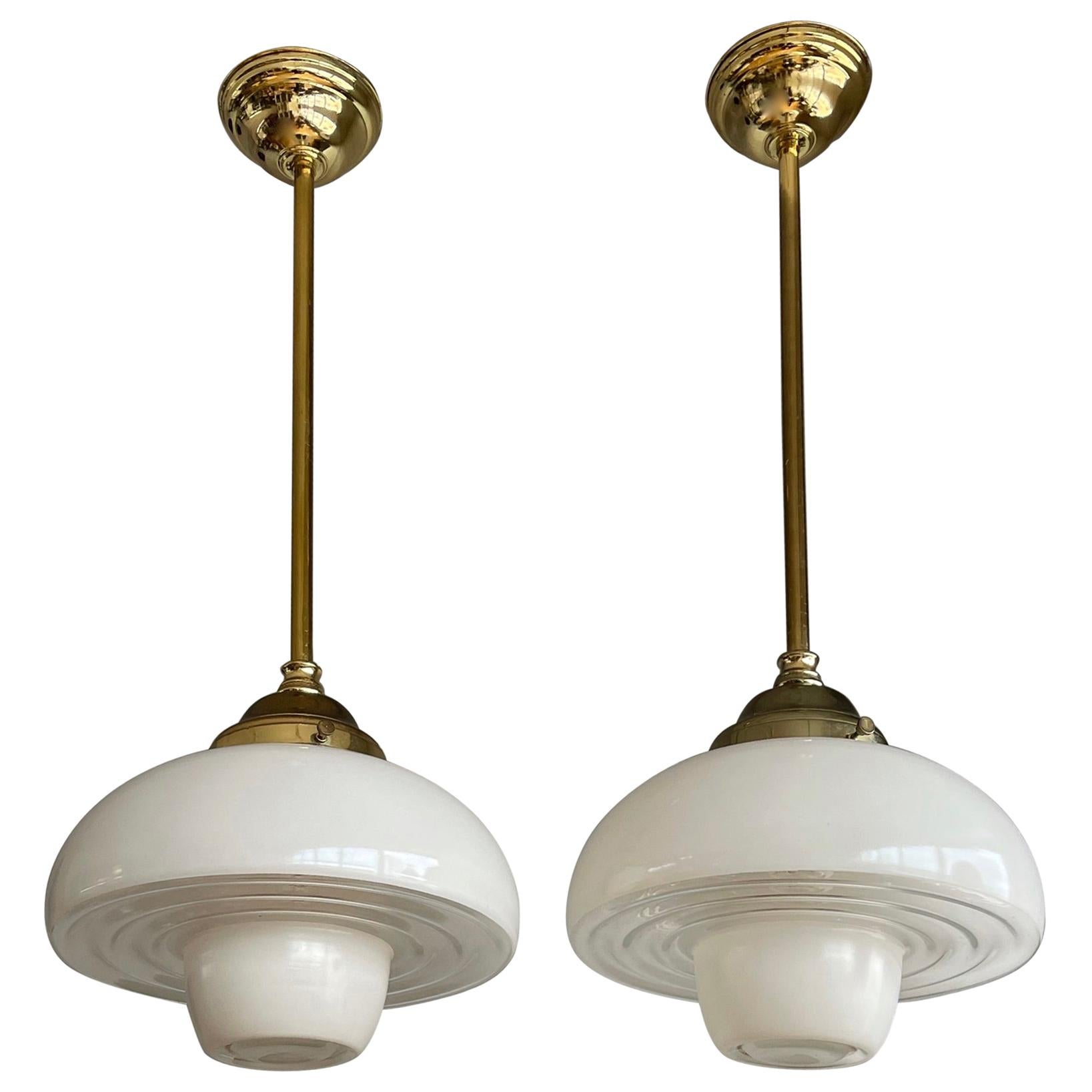 Pair of Timeless Art Deco, Bauhaus Style Brass & Beautiful Glass Pendant Lights