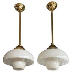 Antique Pair of Timeless Art Deco, Bauhaus Style Brass & Beautiful Glass Pendant Lights