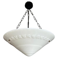 Rare Pair of Timeless Art Deco Beautiful Shape Pressed Glass Bowl Pendant Lights