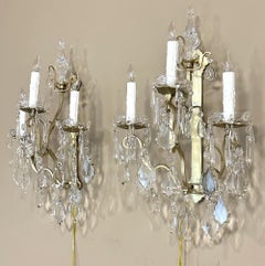 Pair of Vintage Solid Brass and Cut Crystal Wall Sconces