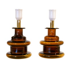 Vintage Pair of Timo Sarpaneva Table Lamps, Brown Glass, Signed TS