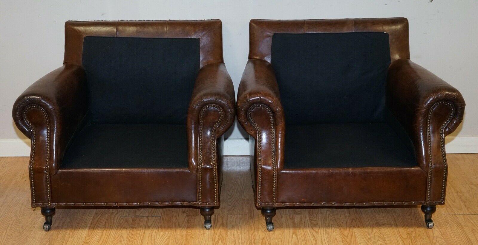 Pair of Timothy Oulton Balmoral Heritage Brown Leather Club Armchairs 7