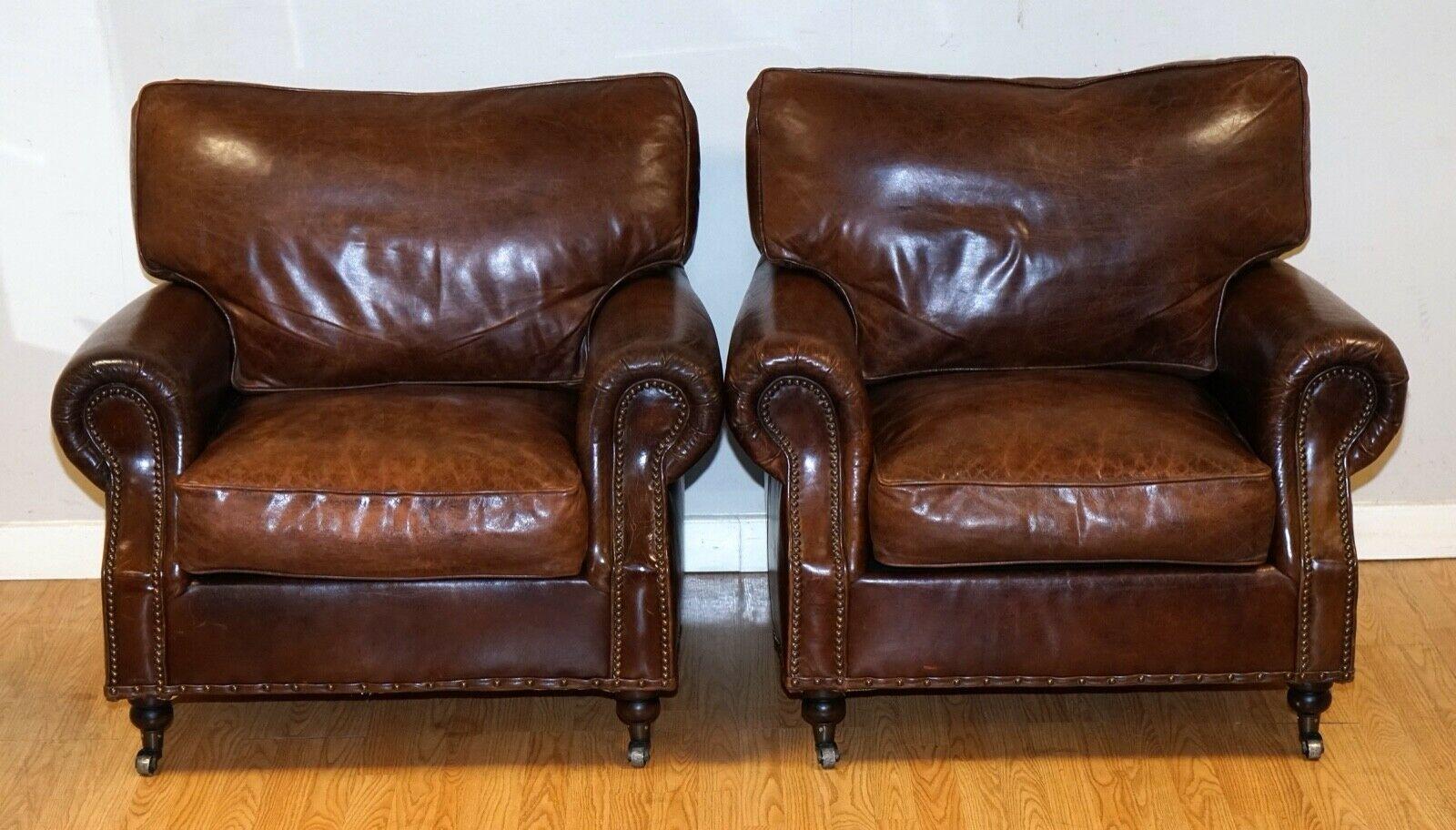 We are delighted to sell these stunning pair of Timothy Oulton armchairs.
A fantastic and very well made pair with a unique vintage look. 
We also have a matching sofa for sale.

We have lightly restored this by giving it a hand clean all over,