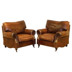 Pair of Timothy Oulton Balmoral Heritage Brown Leather Club Armchairs