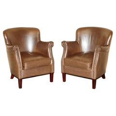 Pair of Timothy Oulton Halo Brown Leather Little Professor Armchairs 