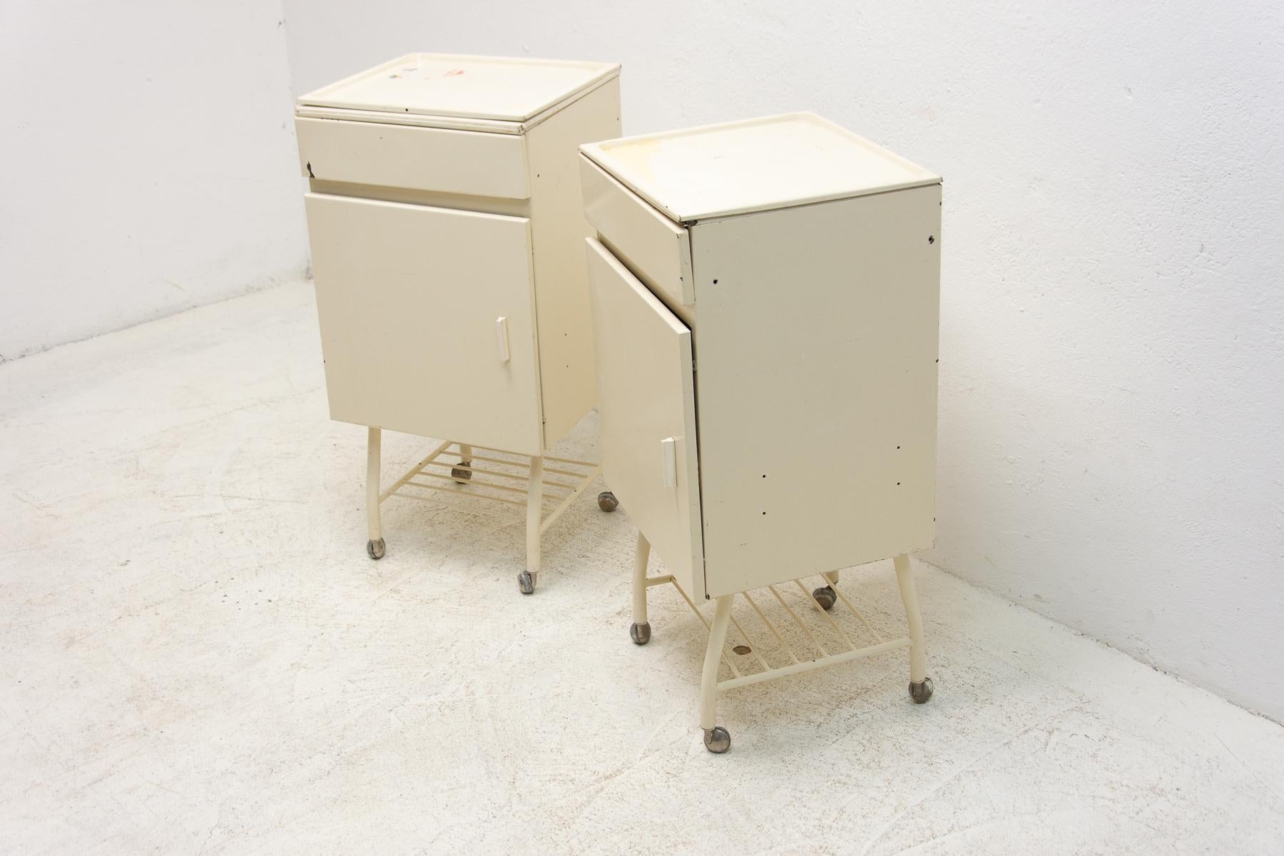 Sheet Metal Pair of Tin Industrial Bedside Tables, 1970s, Czechoslovakia For Sale