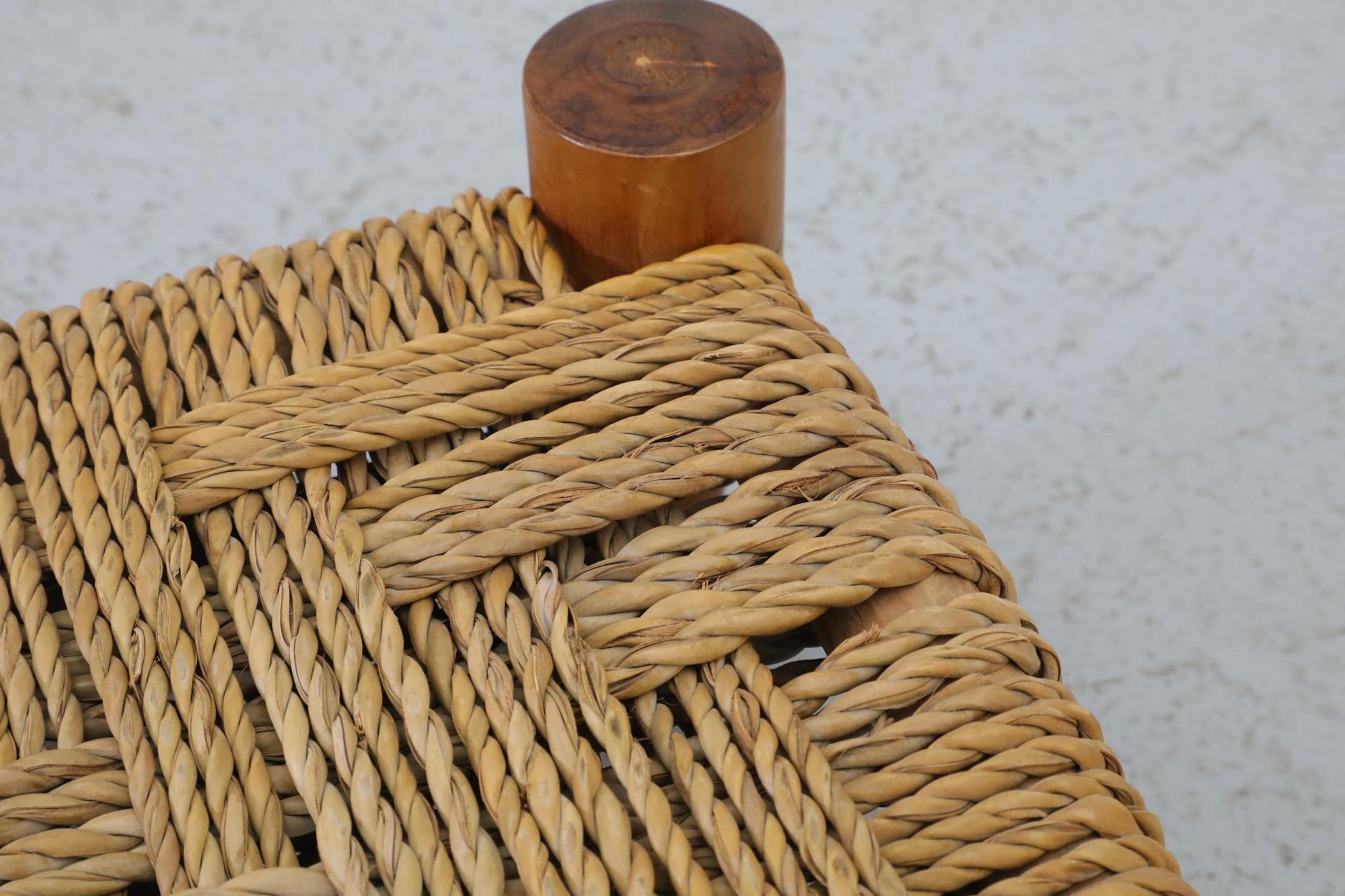 Pair of Tiny Low Audoux Minet Style Woven Seagrass and Pine Stools For Sale 4